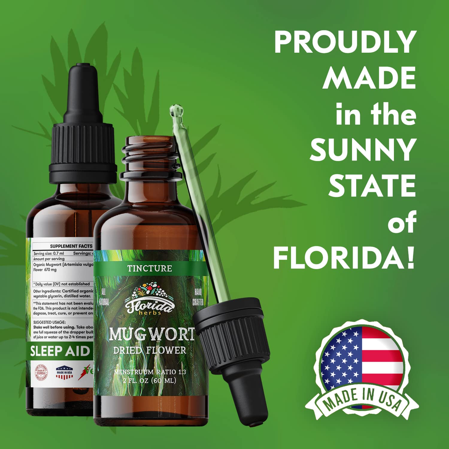 FLORIDA HERBS Mugwort Extract Liquid Drops on a wooden table