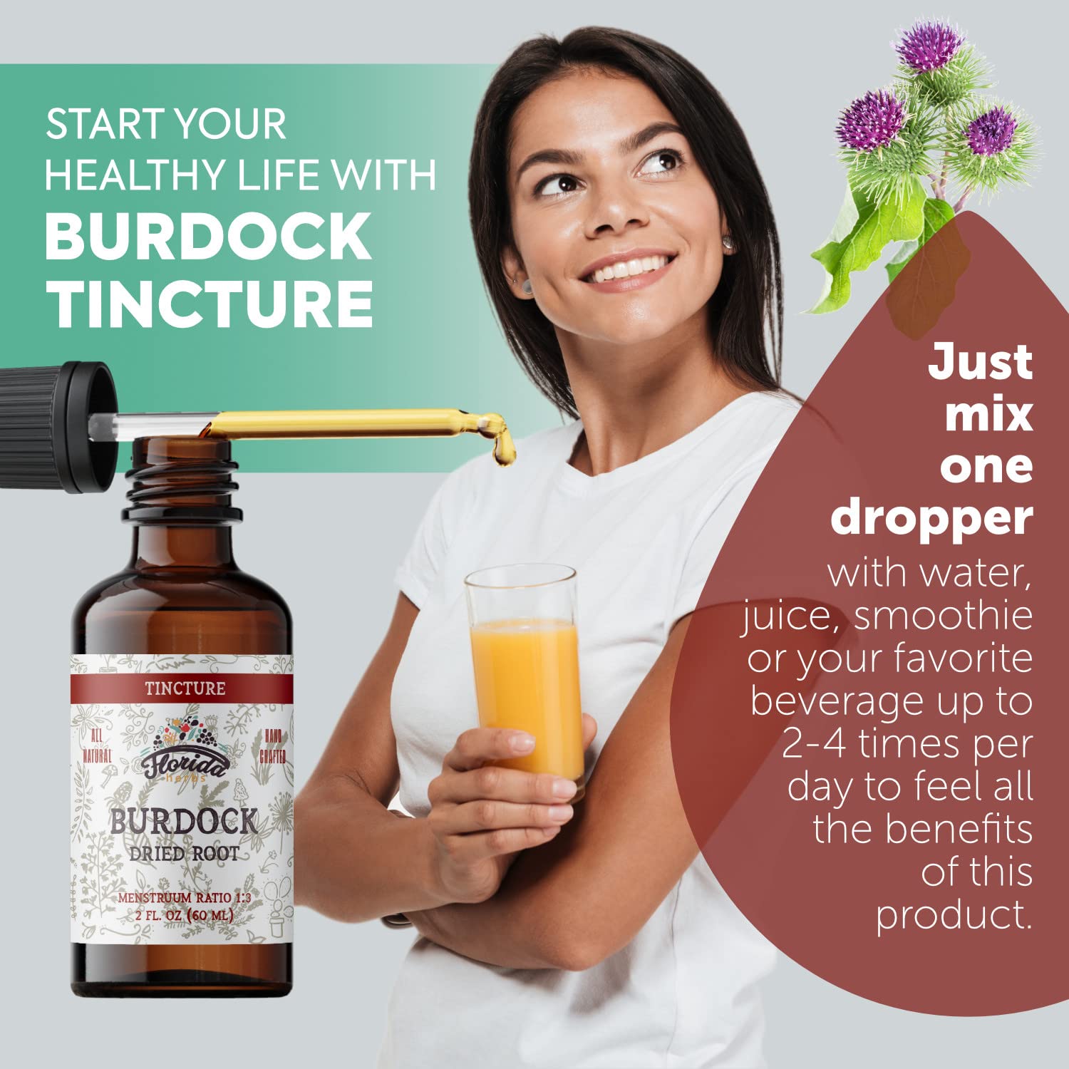 FLORIDA HERBS Organic Burdock Tincture 171g bottle with label