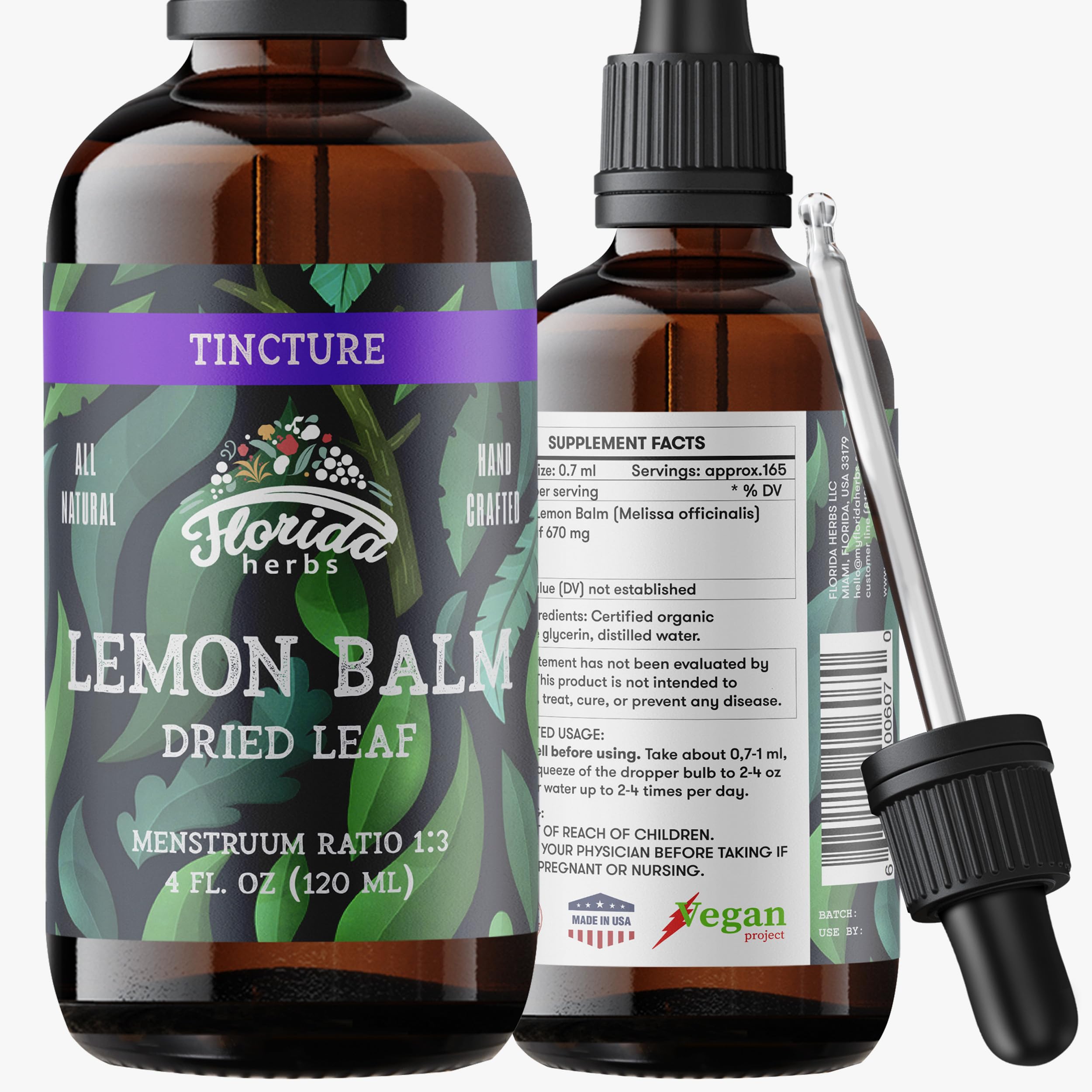 FLORIDA HERBS Organic Lemon Balm Leaf Tincture amber glass bottle front view
