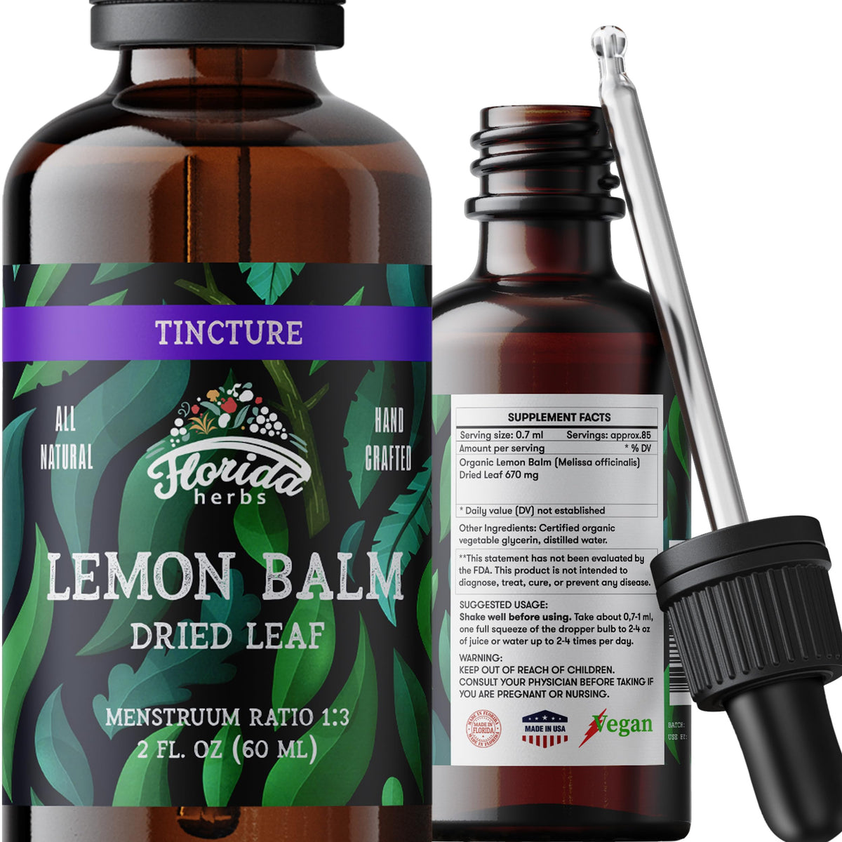 FLORIDA HERBS Organic Lemon Balm Tincture amber glass bottle front view