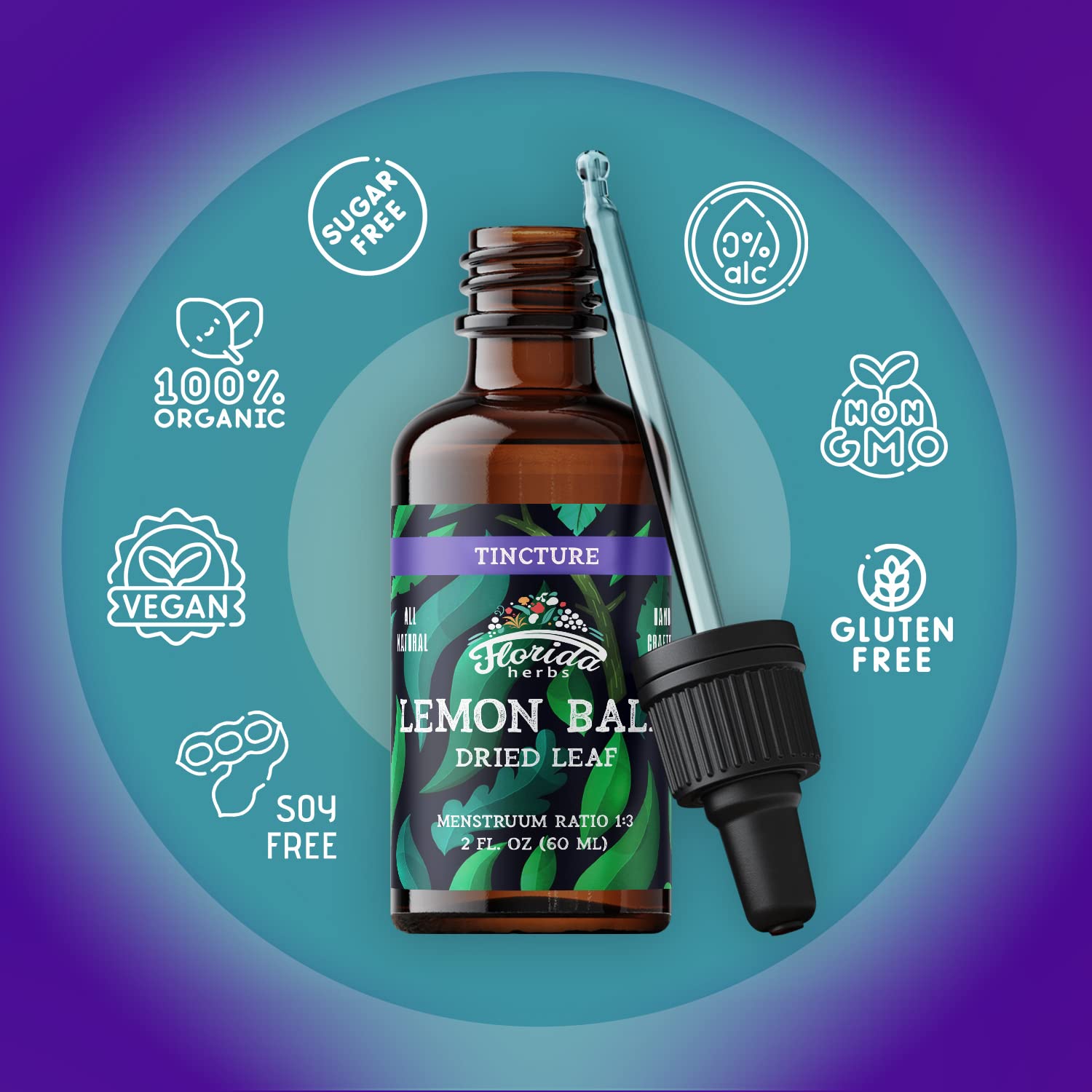 FLORIDA HERBS Organic Lemon Balm Tincture bottle side view