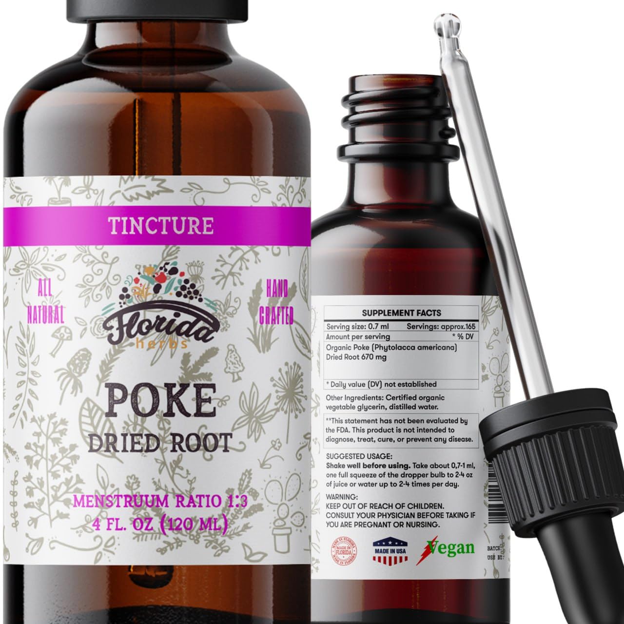 FLORIDA HERBS Organic Poke Root Tincture 2 FL OZ front view