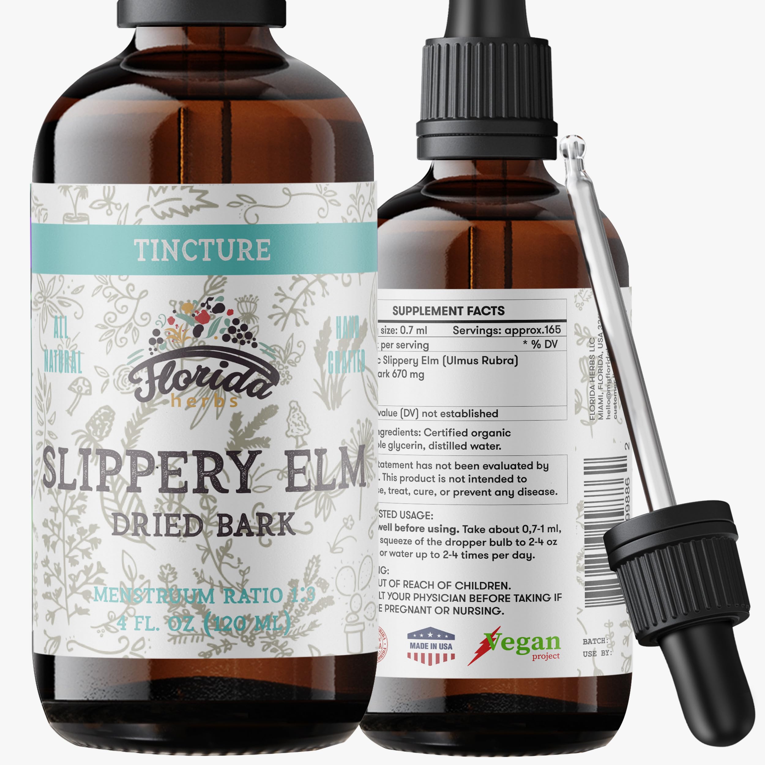 FLORIDA HERBS Organic Slippery Elm Bark Extract amber glass bottle front view