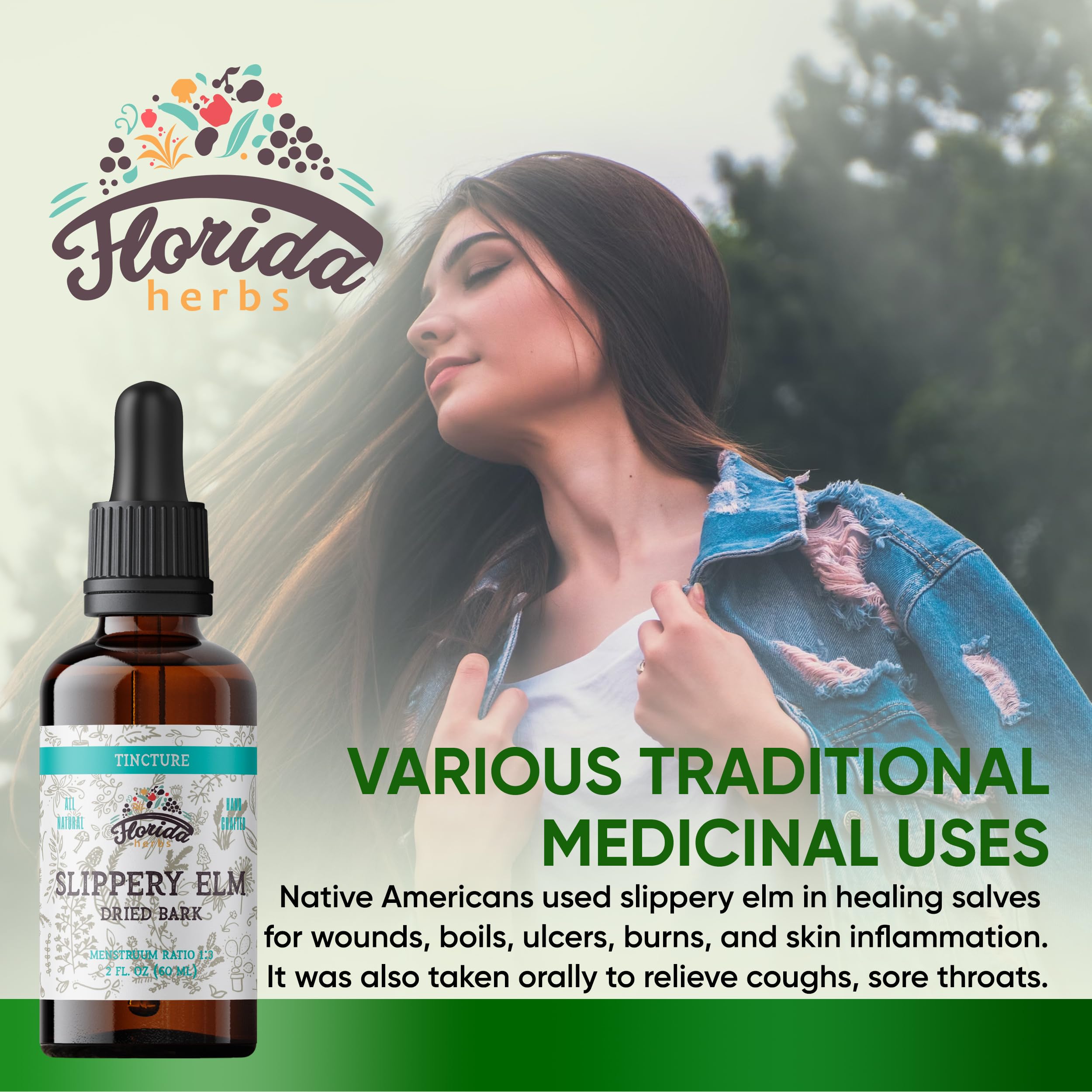 FLORIDA HERBS Organic Slippery Elm Bark Extract bottle with dropper