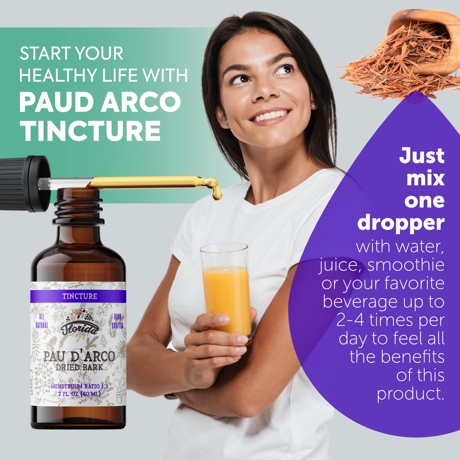 FLORIDA HERBS Pau d'Arco Tincture lifestyle scene on kitchen counter