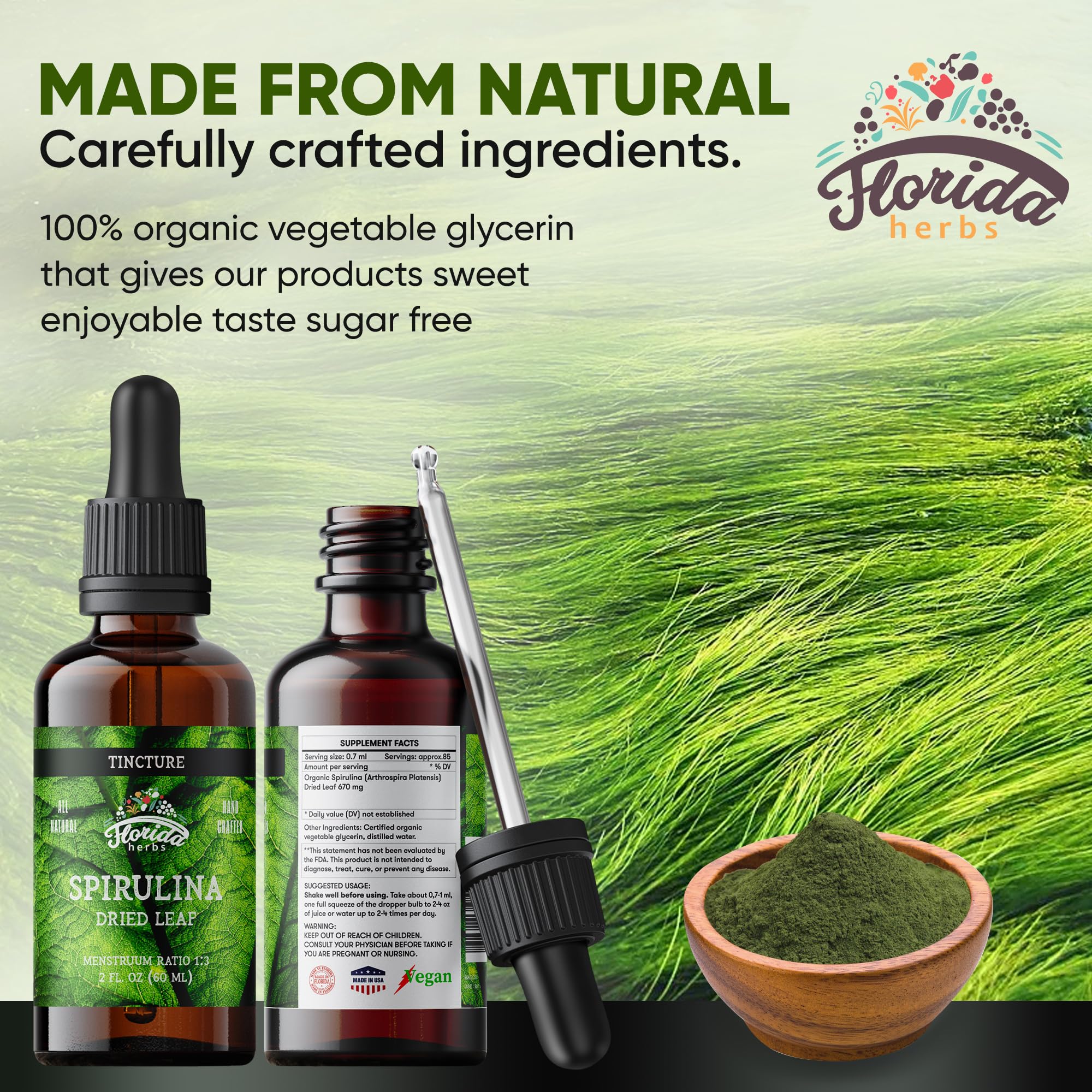 FLORIDA HERBS Spirulina Extract Liquid Supplement bottle side view