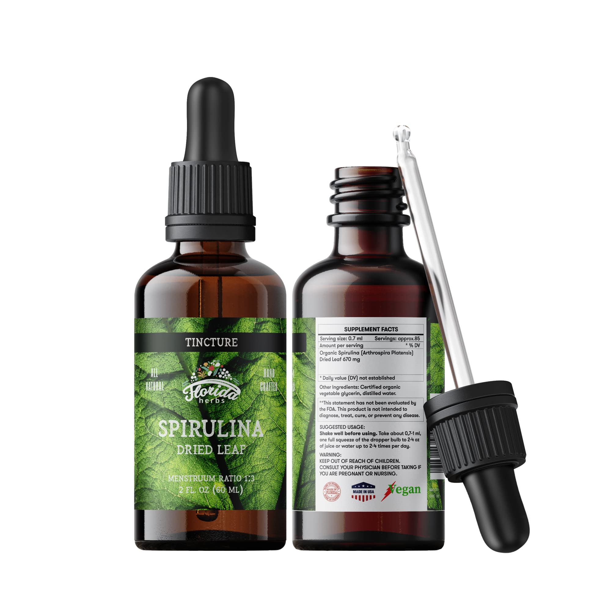 FLORIDA HERBS Spirulina Extract Liquid Supplement on a kitchen counter