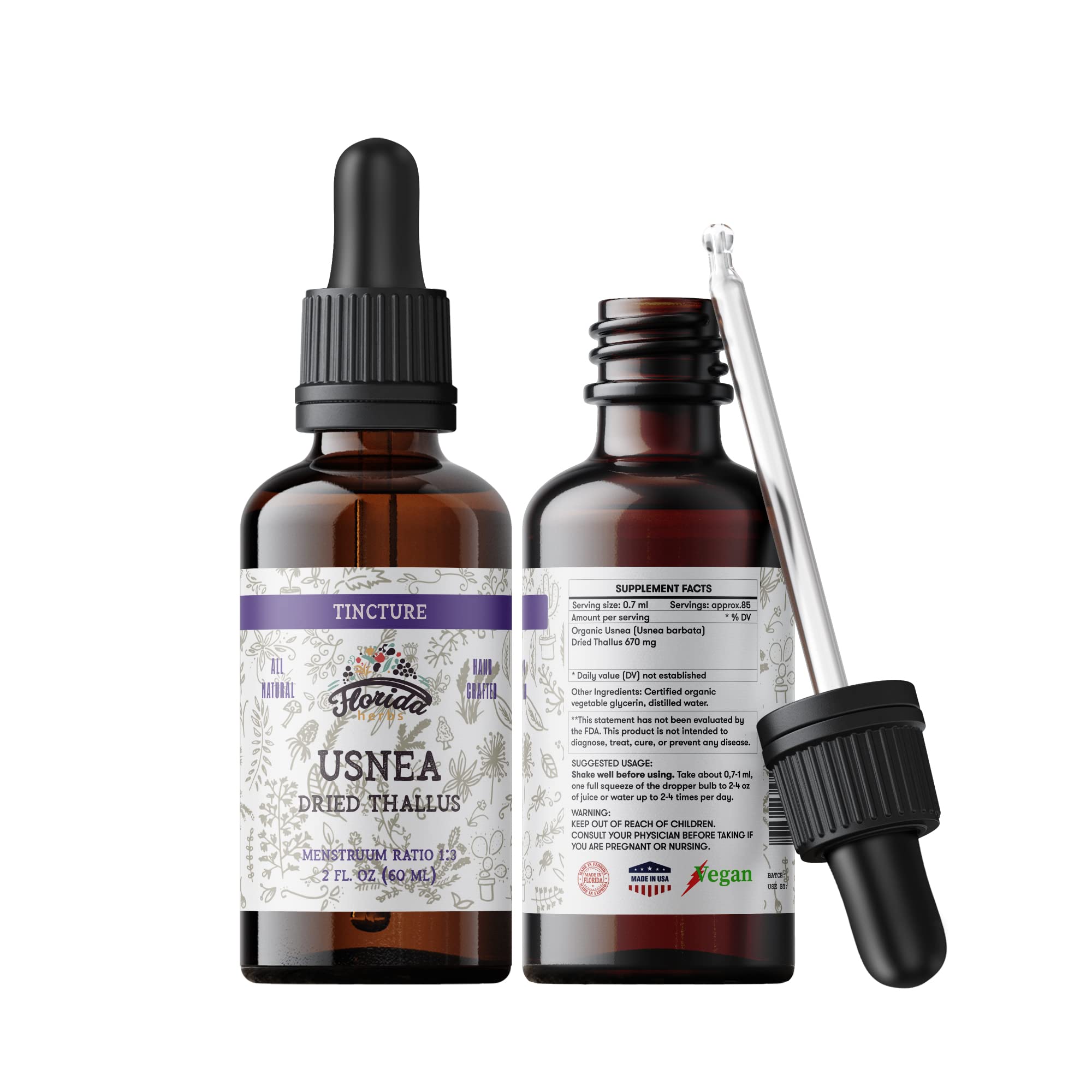 FLORIDA HERBS Usnea Alcohol Free Extract Supplement 1g front view