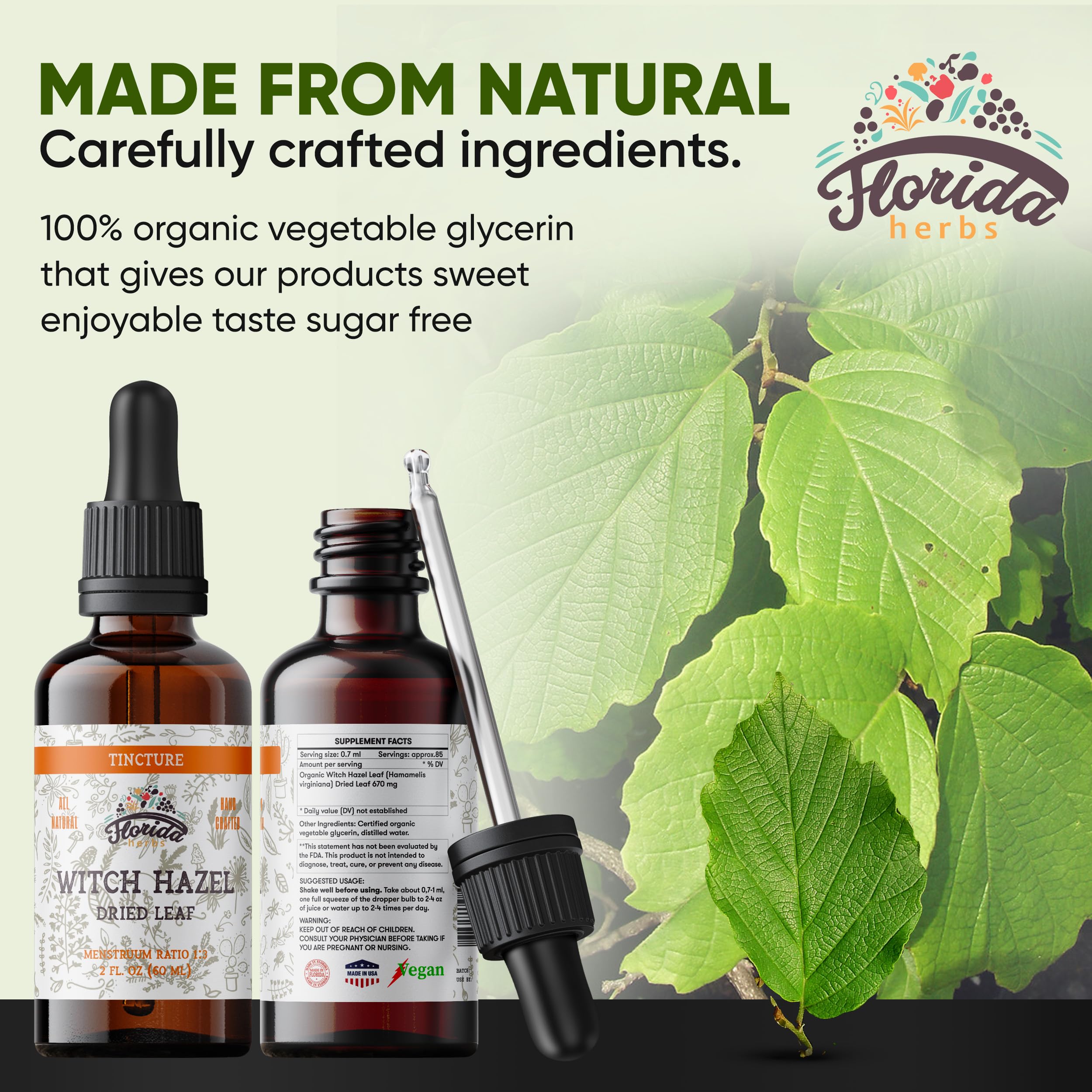 FLORIDA HERBS Witch Hazel Extract Supplement label close-up