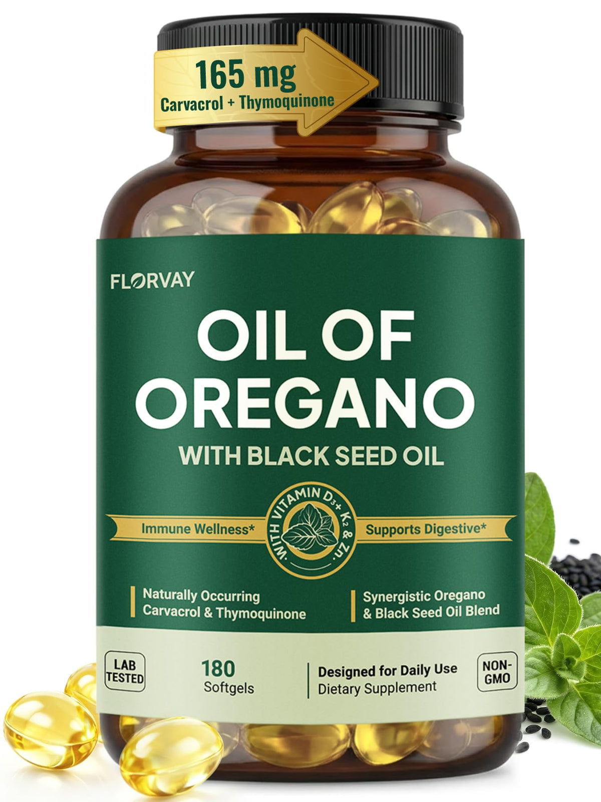 Florvay Oregano Oil Capsules 300mg bottle front view