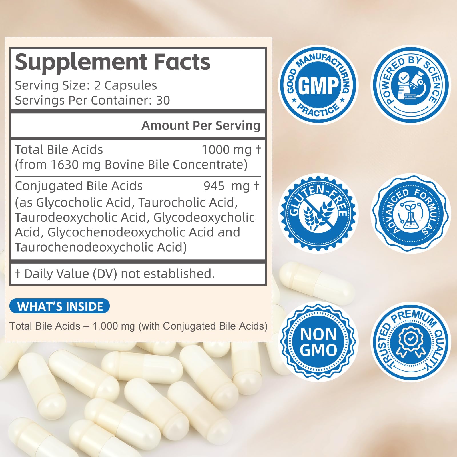 Florvyn Conjugated Bile Acid Supplement 1000mg label close-up