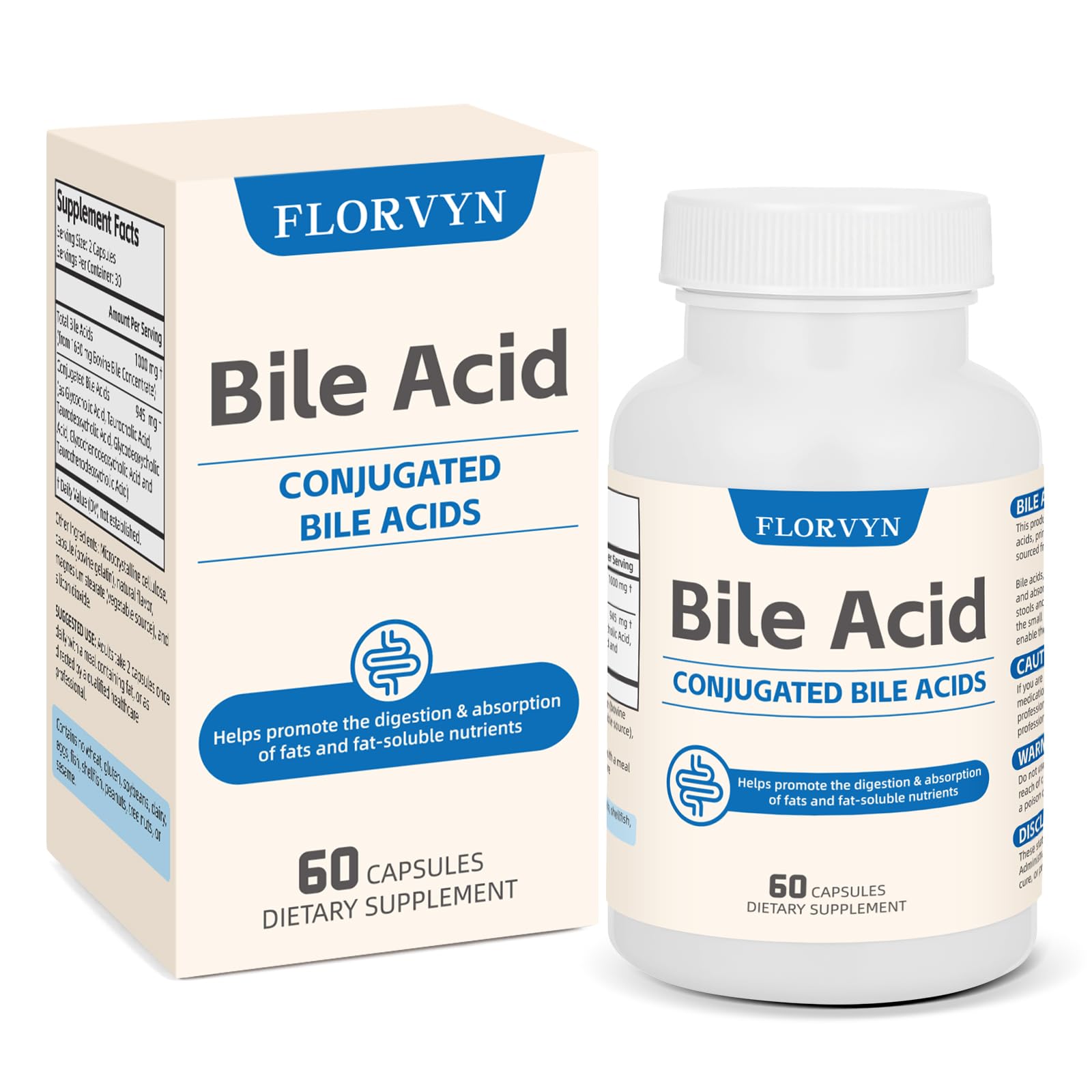 Florvyn Conjugated Bile Acid Supplement 1000mg opened bottle with capsules