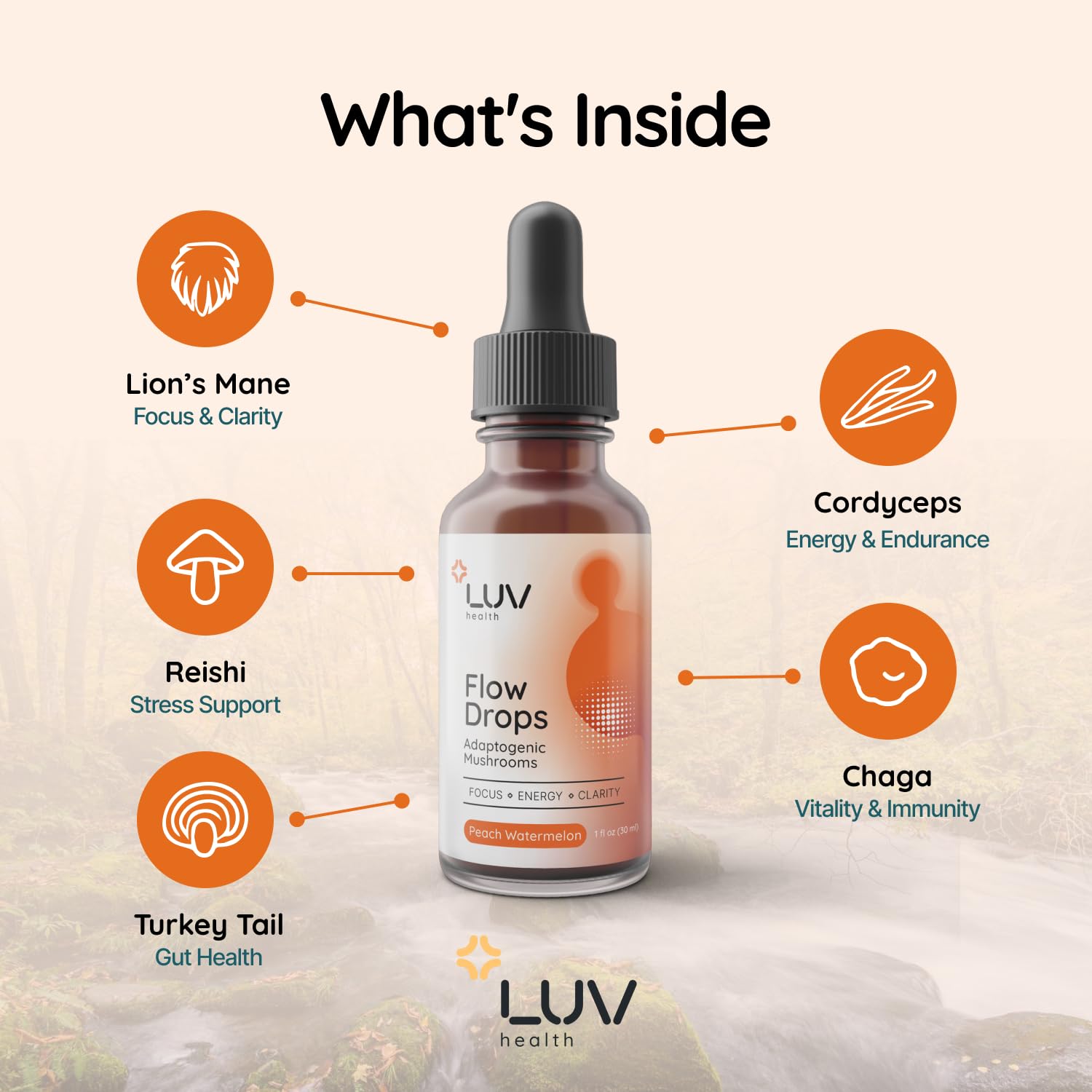 Flow Drops adaptogenic mushroom blend liquid supplement bottle side view