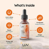 Flow Drops adaptogenic mushroom blend liquid supplement bottle side view