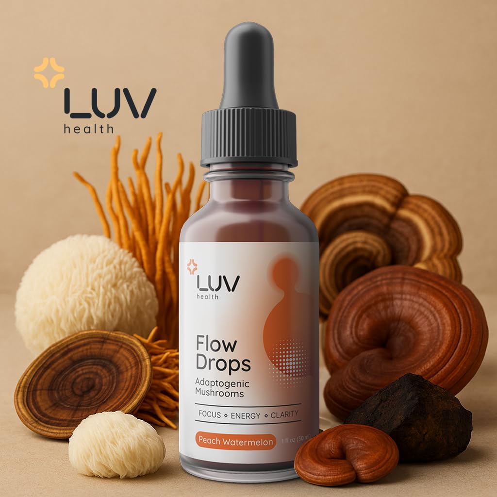 Flow Drops adaptogenic mushroom blend liquid supplement on a kitchen counter
