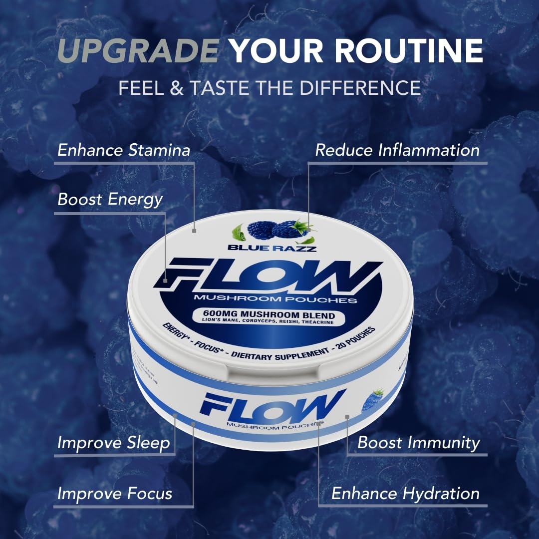 Flow Pouches Blue Razz flavour pouches on a desk