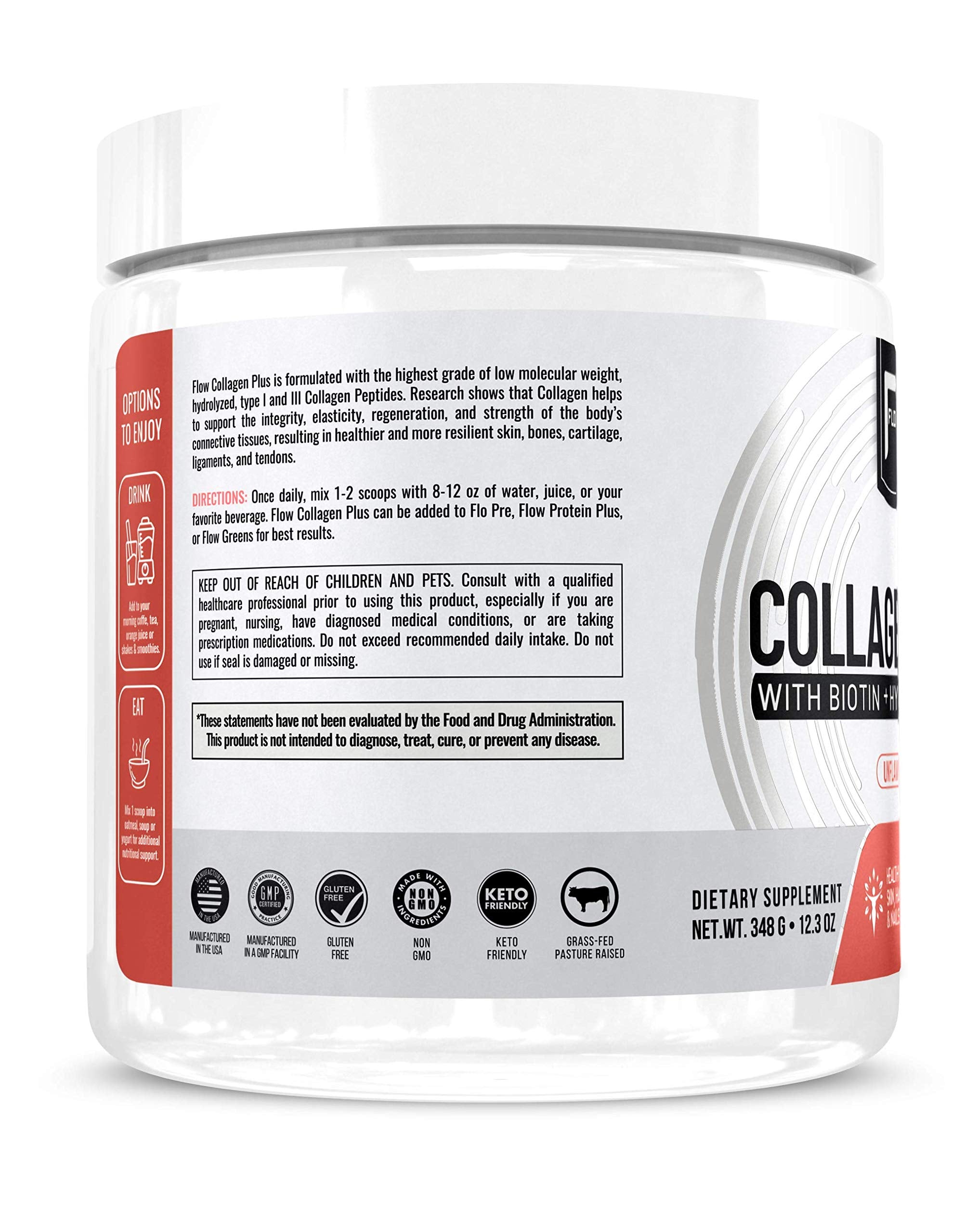 Flow Supps Collagen Plus 322g back view with ingredient list