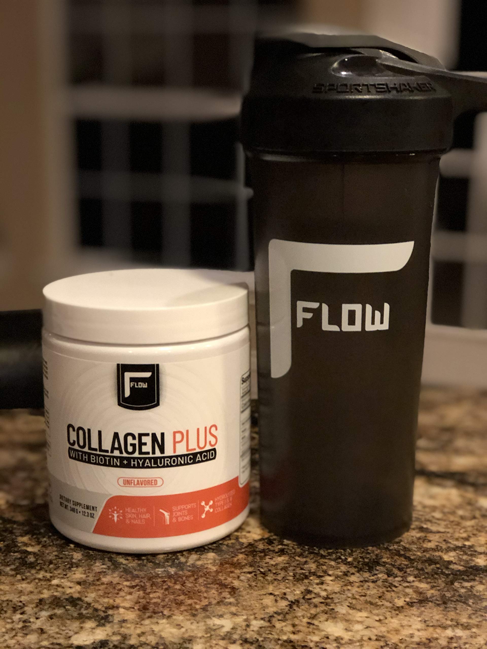 Flow Supps Collagen Plus 322g packaging on kitchen counter