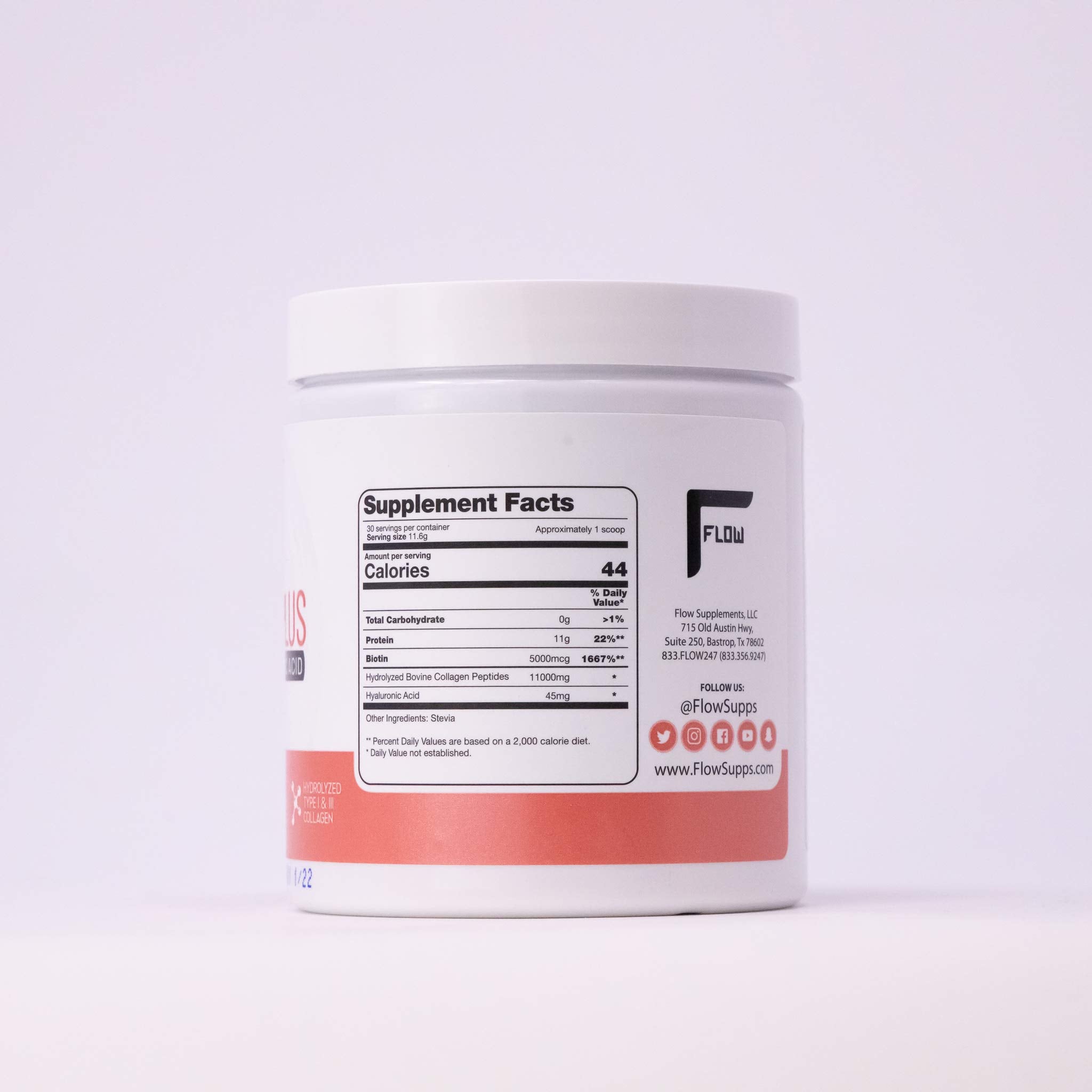 Flow Supps Collagen Plus 322g product close-up with ingredients