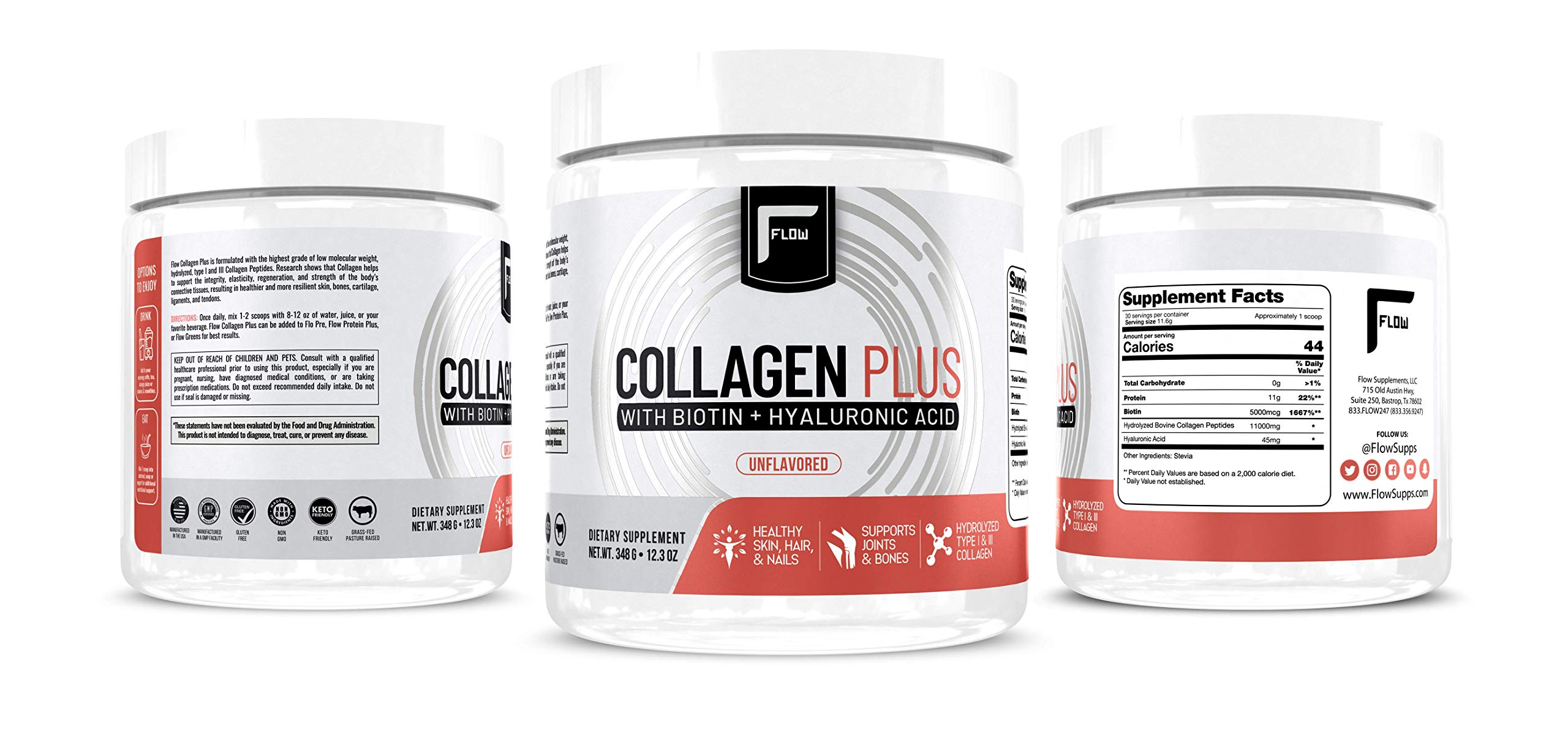 Flow Supps Collagen Plus 322g scoop with powder