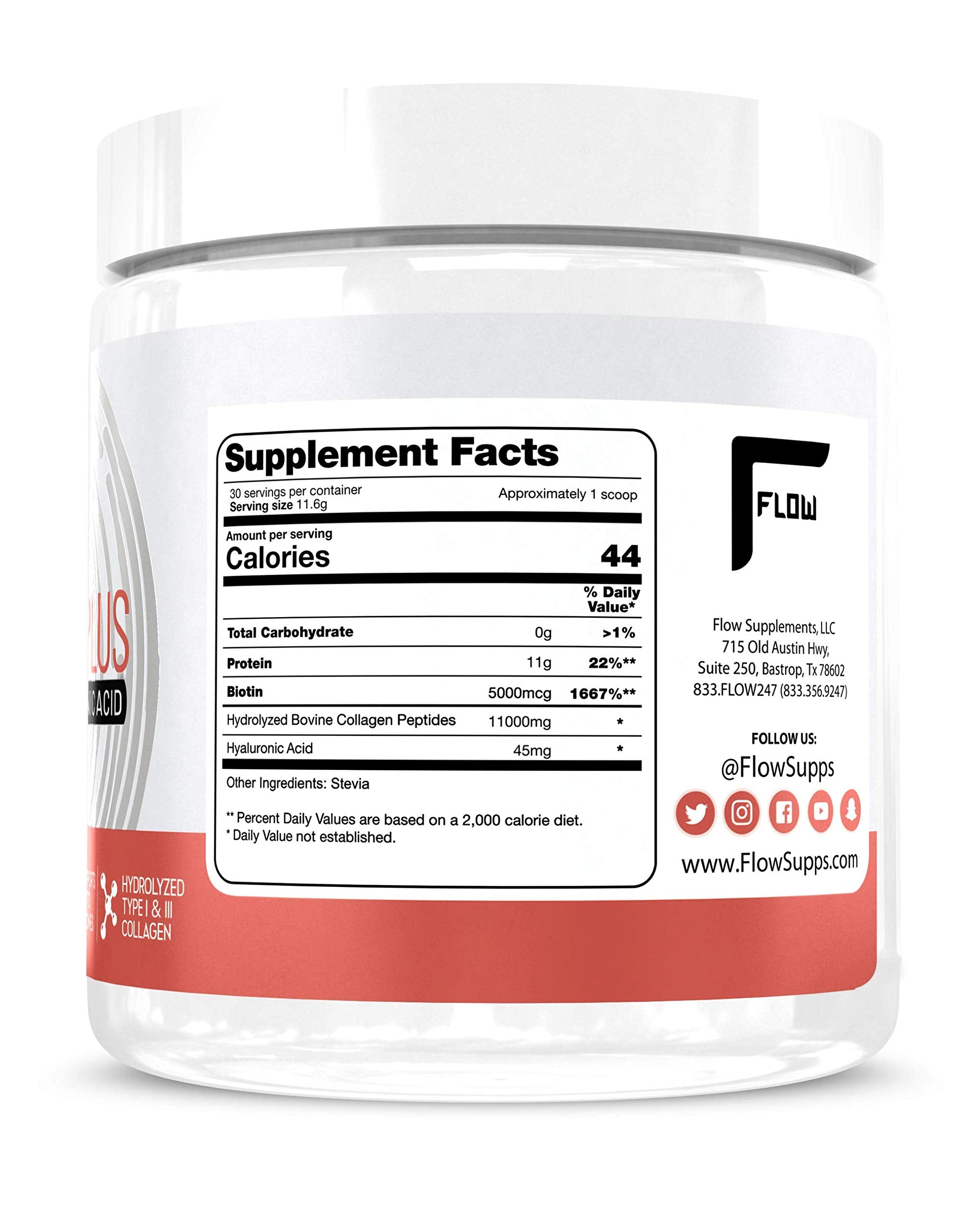 Flow Supps Collagen Plus 322g side view showing nutritional information