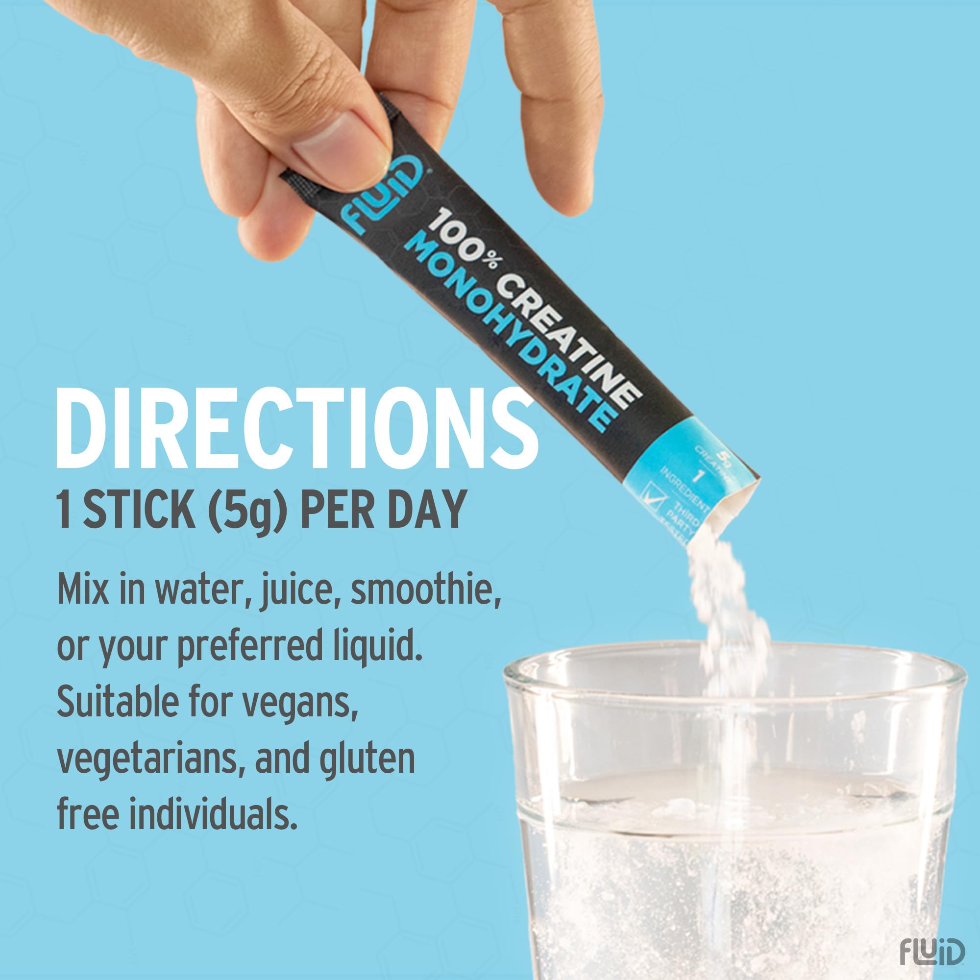 Fluid Creatine Monohydrate 100% Micronized stick pack on a gym bench
