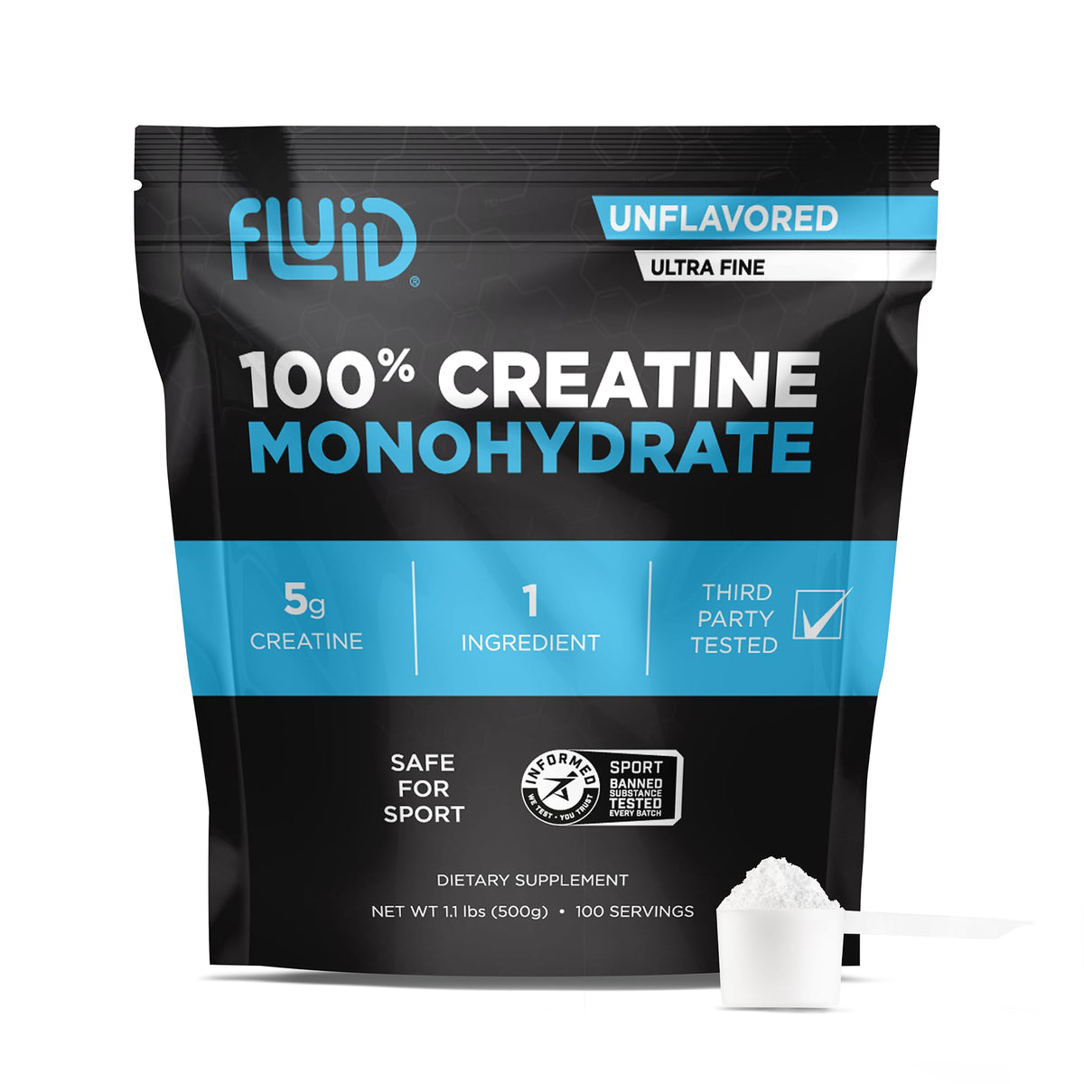 Fluid Creatine Monohydrate 100 servings unflavoured powder front view