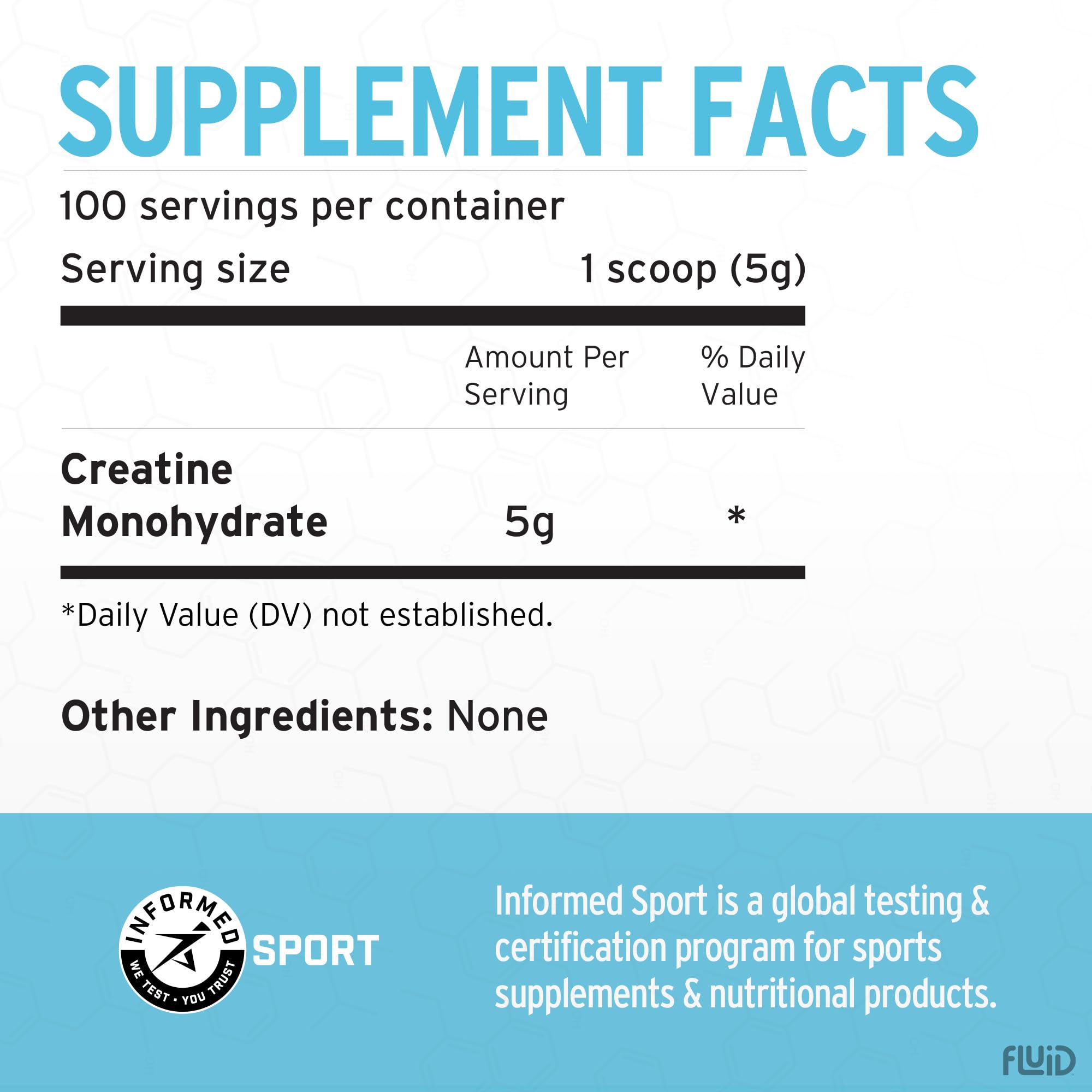 Fluid Creatine Monohydrate 100 servings unflavoured powder mixed in a glass of water
