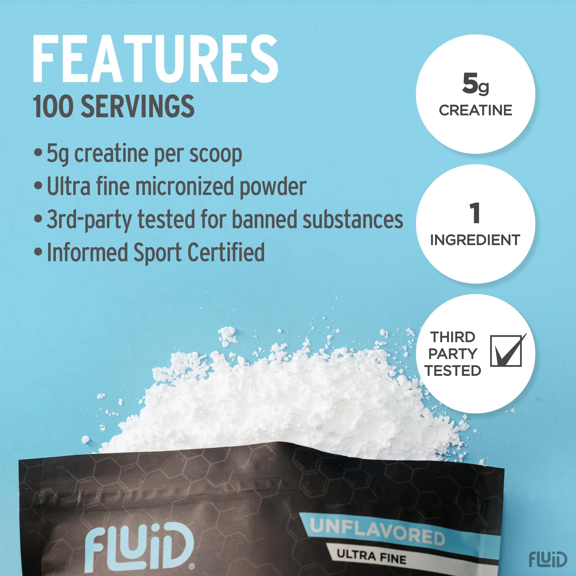 Fluid Creatine Monohydrate 100 servings unflavoured powder side view