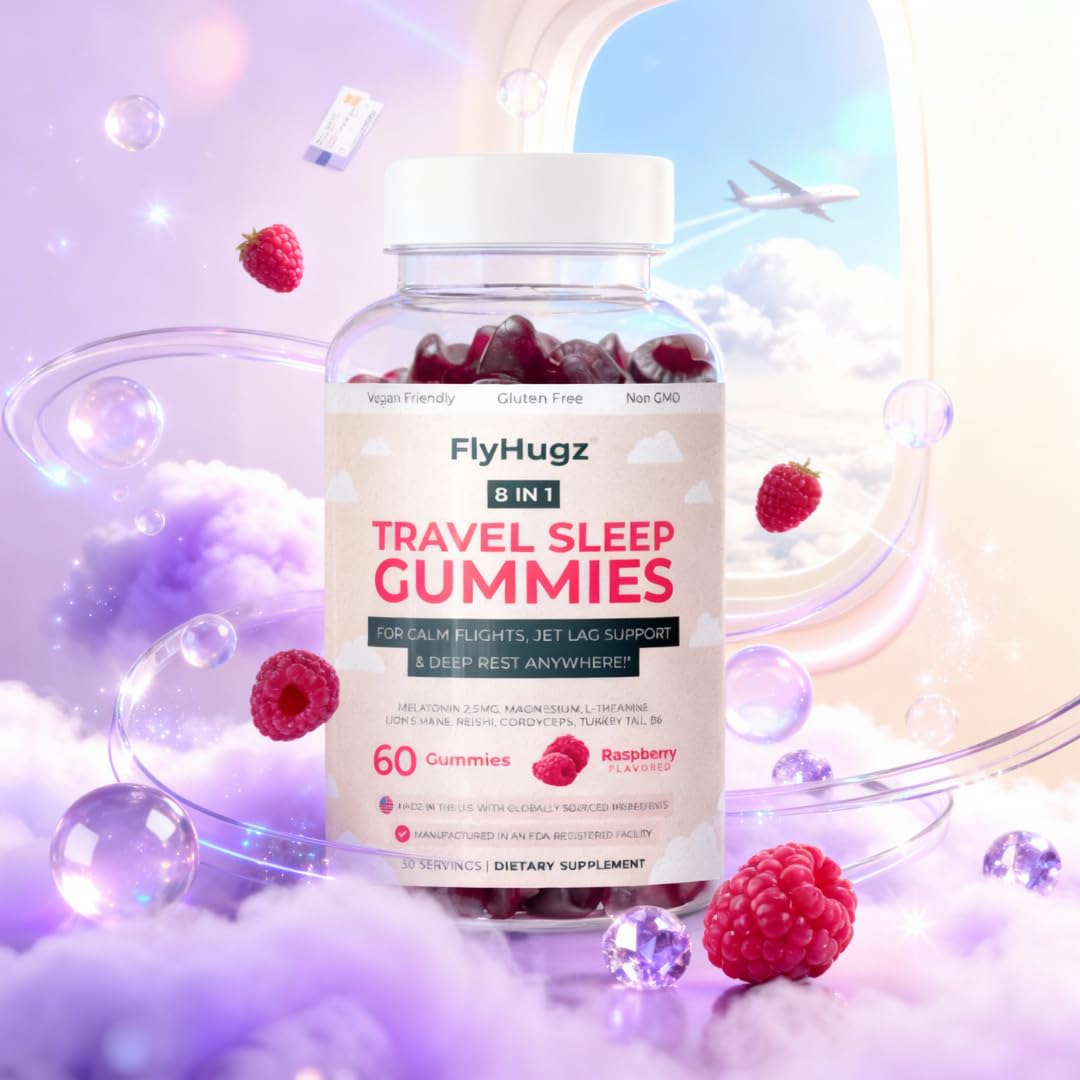 FlyHugz Travel Gummies with a travel accessory