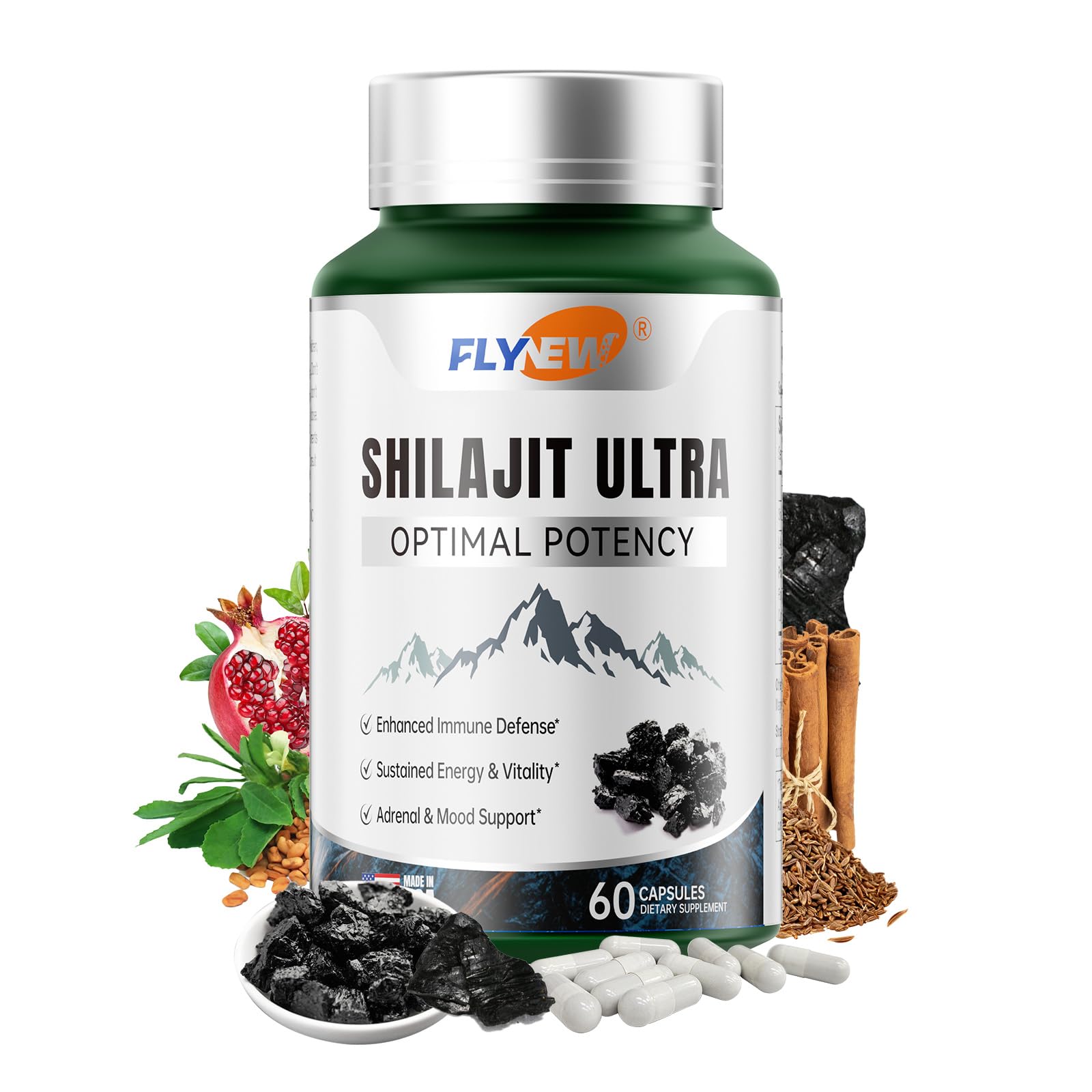 Flynew Shilajit Capsules front view with packaging