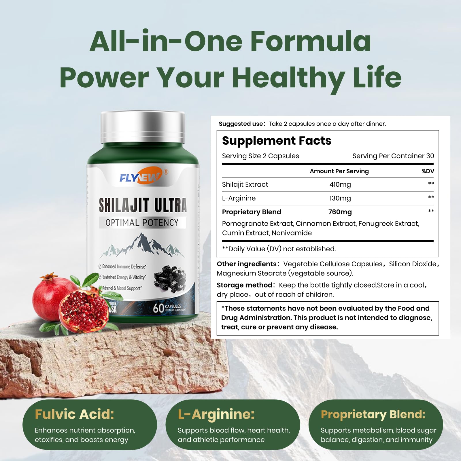 Flynew Shilajit Capsules on a wooden table