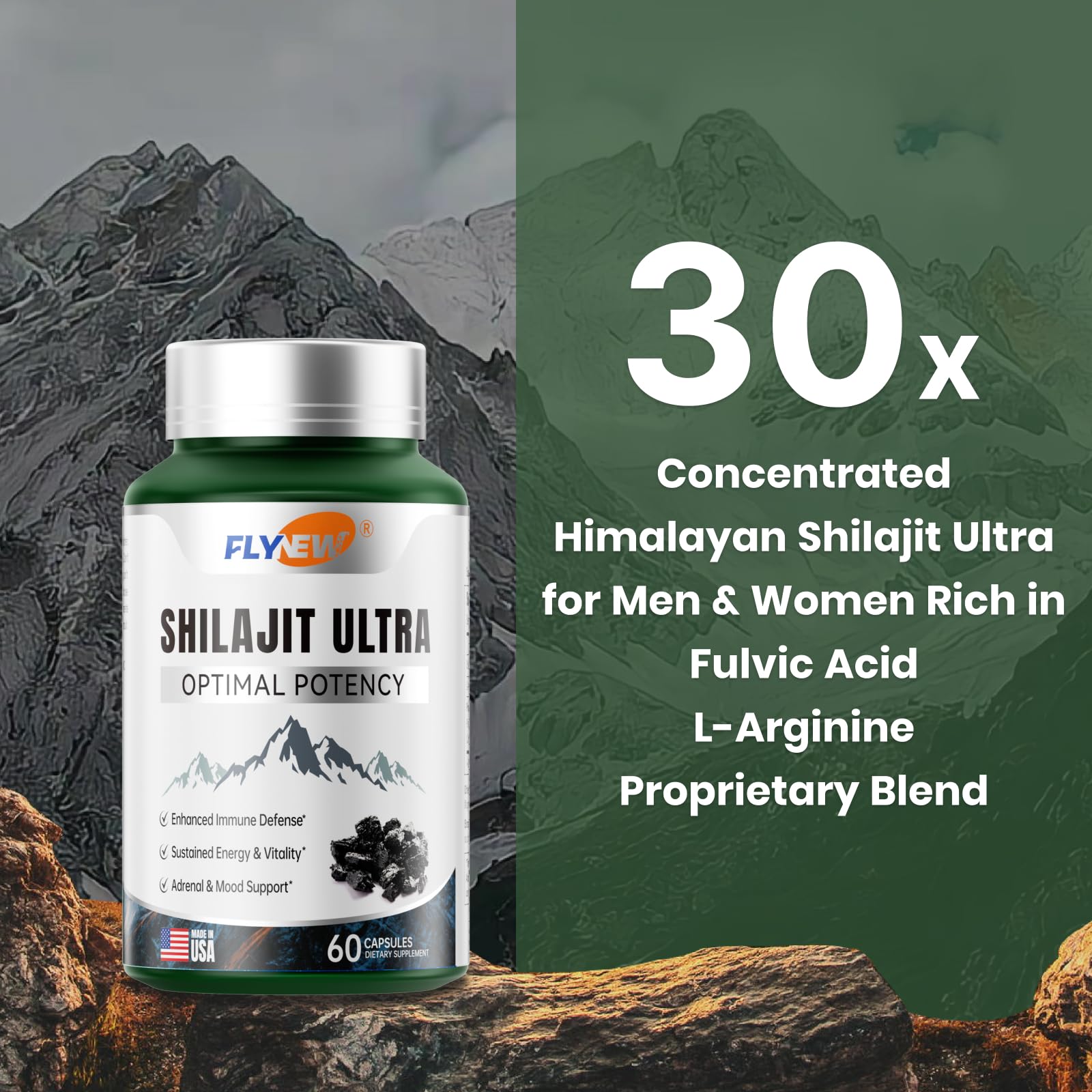 Flynew Shilajit Capsules side view showing capsule details