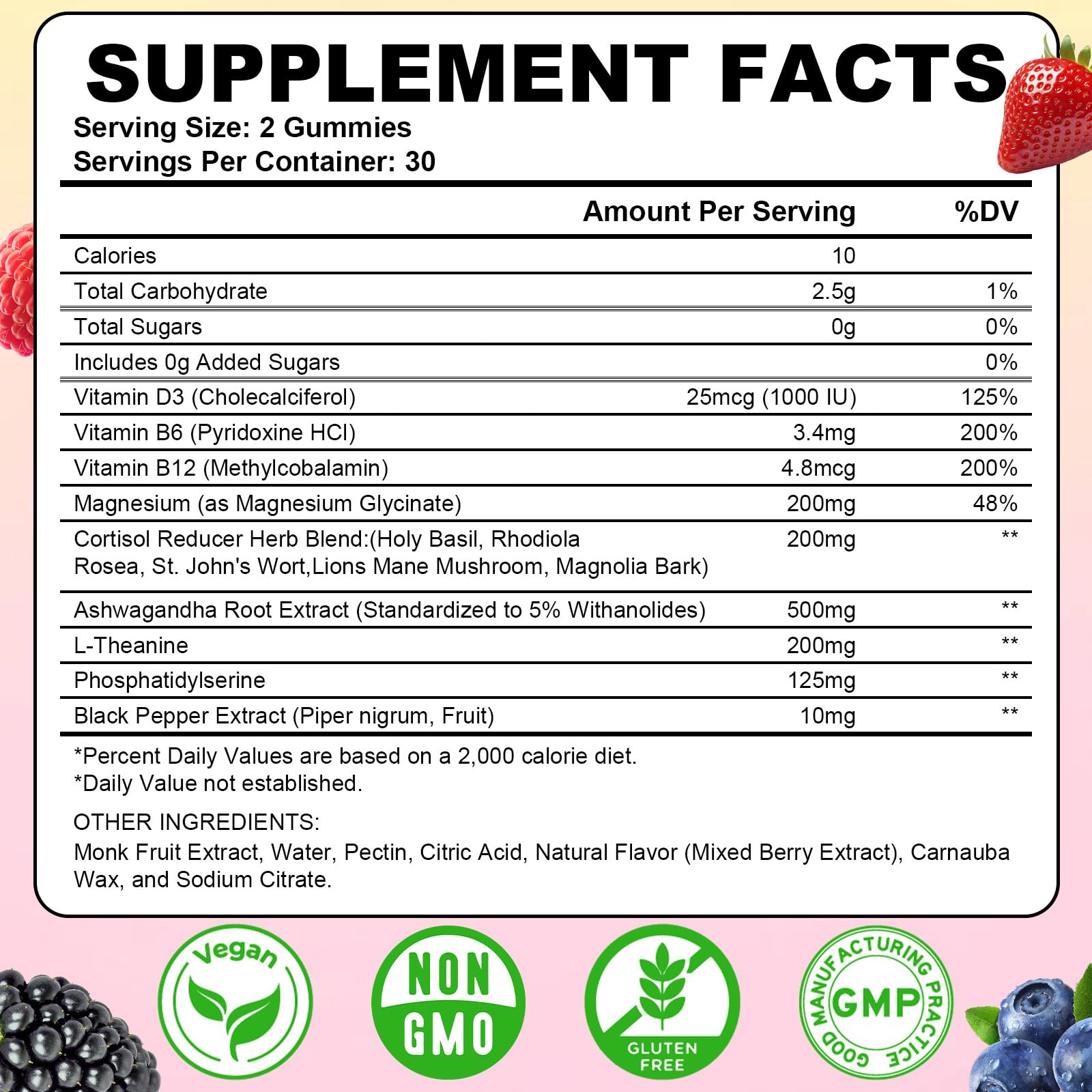 Flyrocer Cortisol Health Gummies back view showing ingredients
