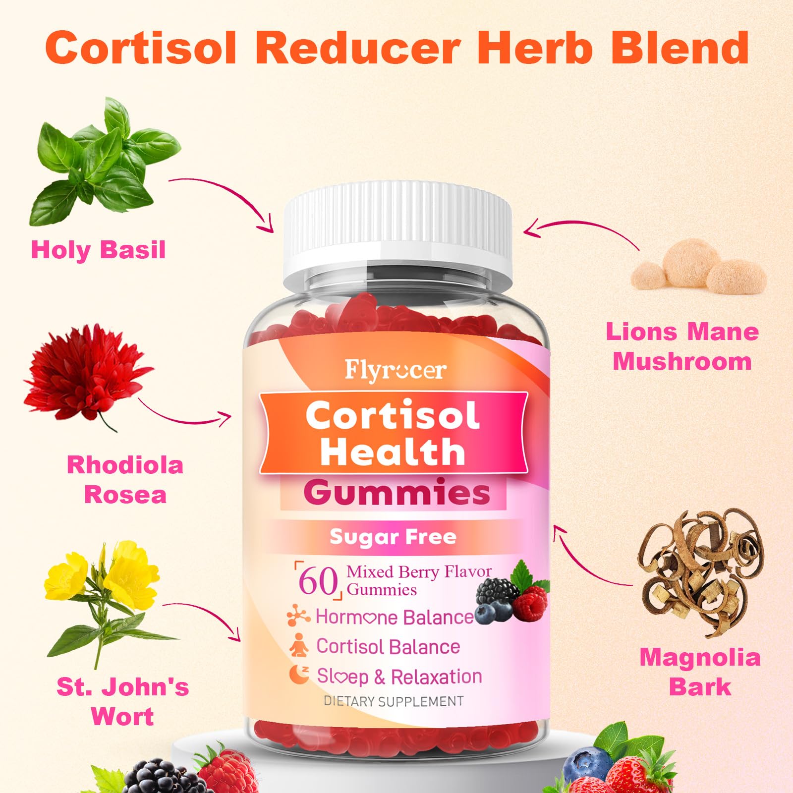 Flyrocer Cortisol Health Gummies displayed with a measuring spoon