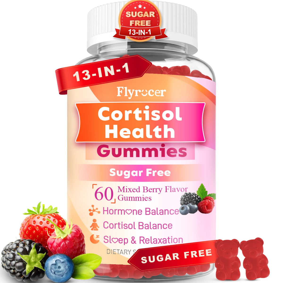 Flyrocer Cortisol Health Gummies front view with packaging
