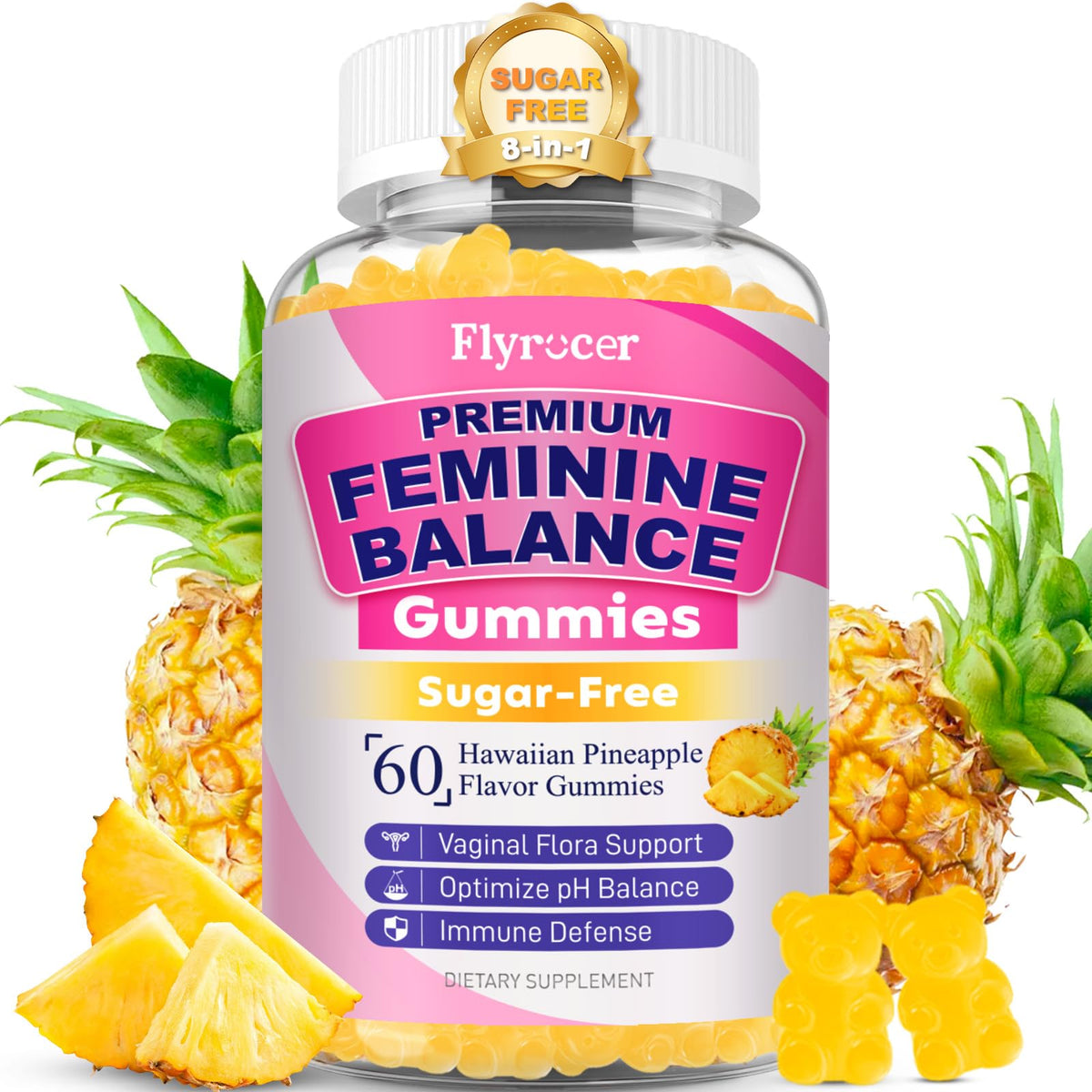 Flyrocer Feminine Balance Gummies front view, pineapple flavour