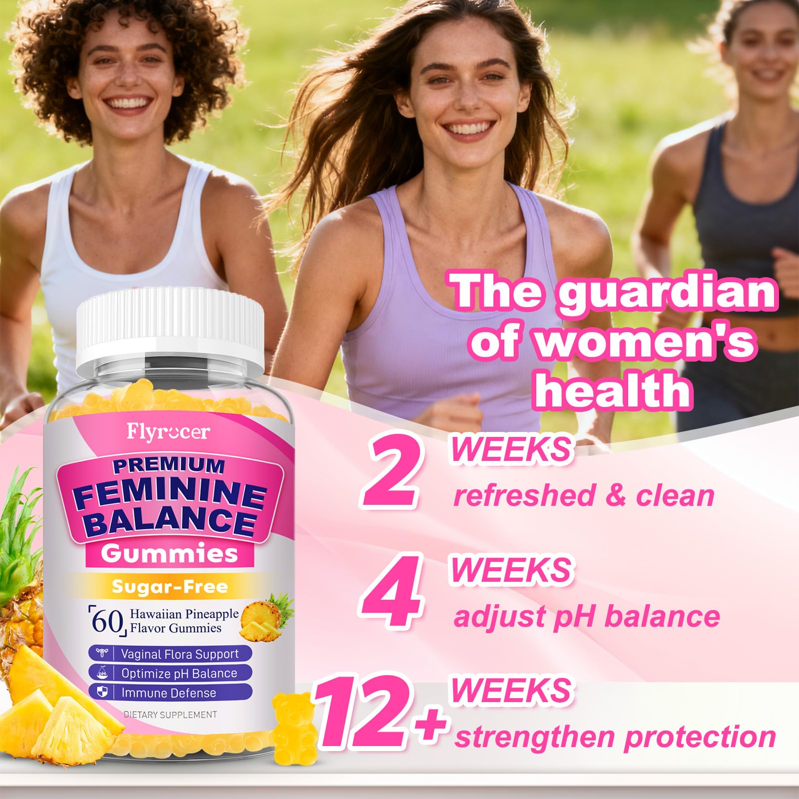 Flyrocer Feminine Balance Gummies with fresh pineapple
