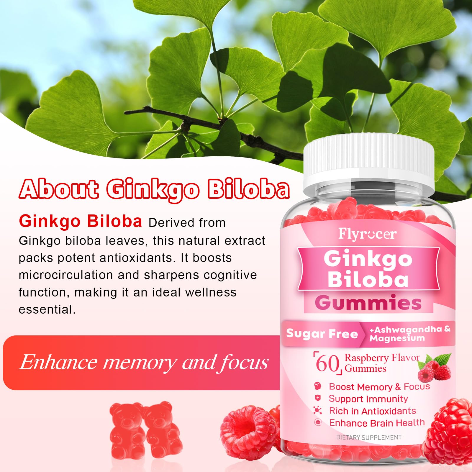 Flyrocer Ginkgo Biloba Gummies in a bowl with fresh raspberries