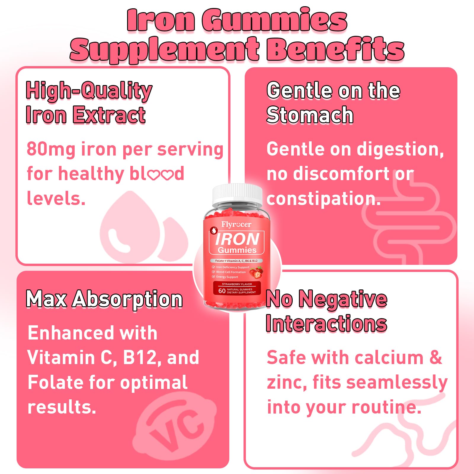Flyrocer Iron Gummies bottle with a few gummies scattered