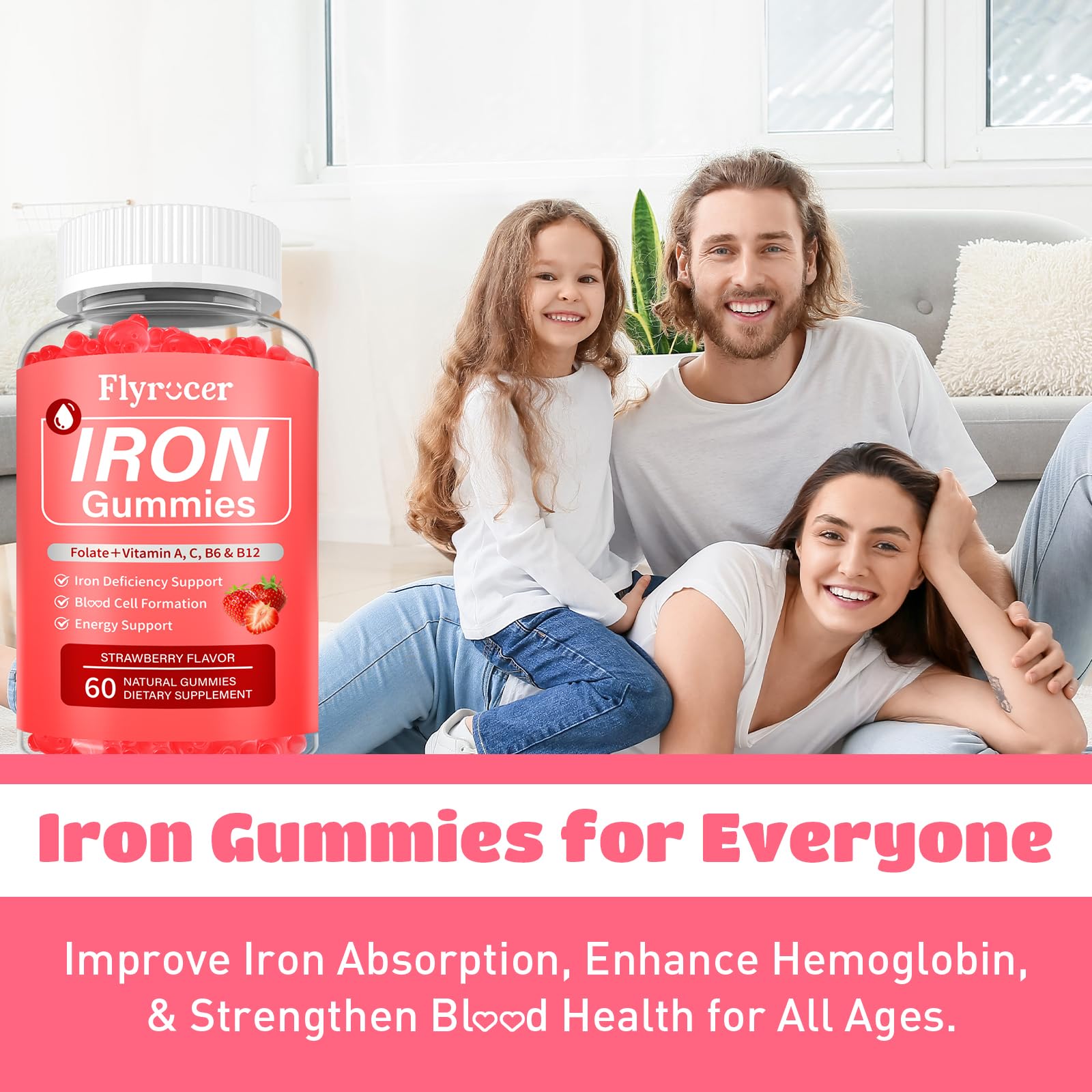 Flyrocer Iron Gummies in a lifestyle setting with a glass of water