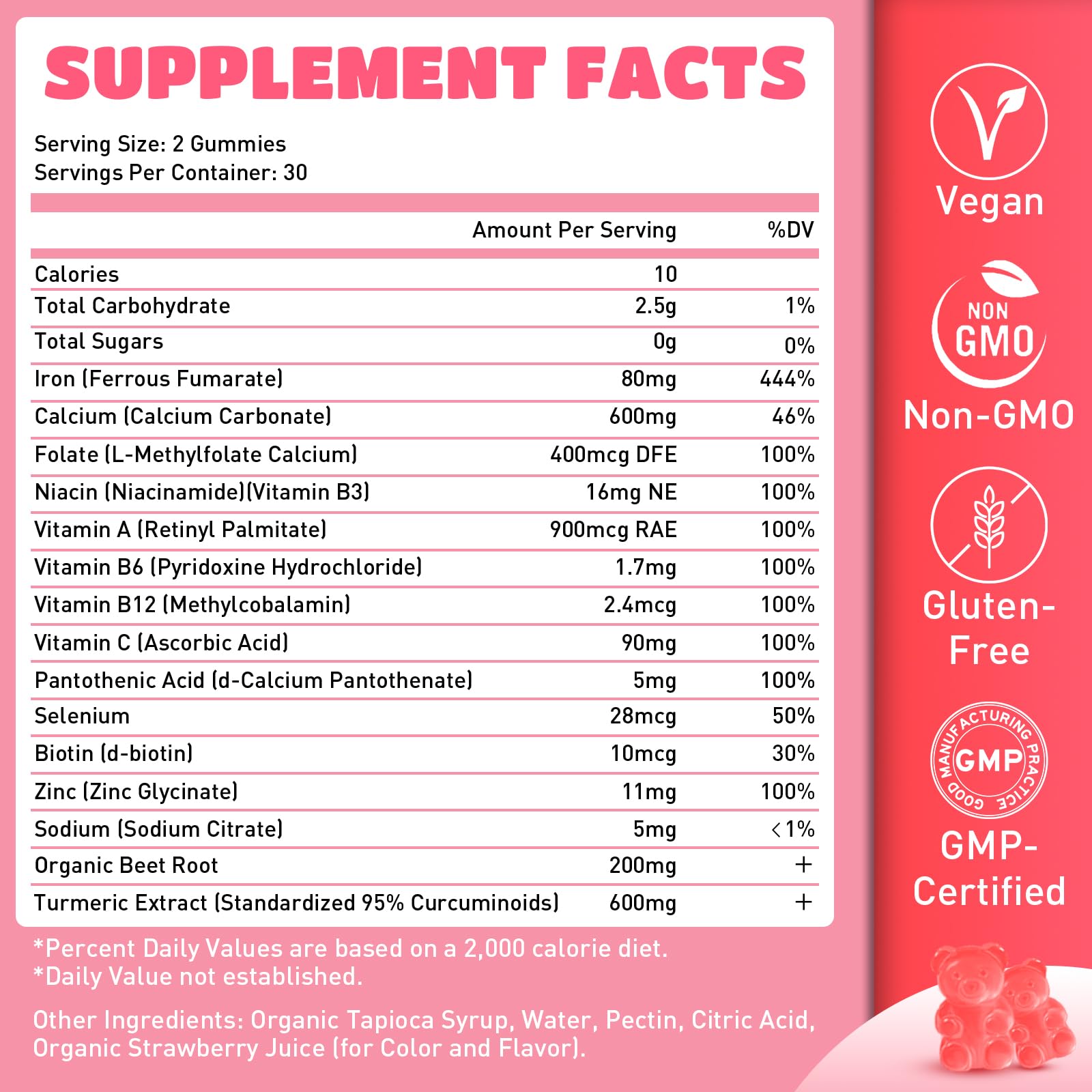 Flyrocer Iron Gummies nutritional information on the label