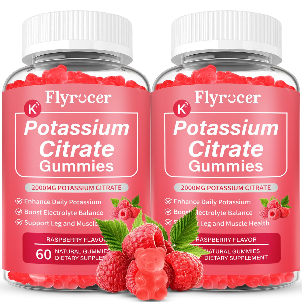 Flyrocer Potassium Citrate Gummies front view with raspberry flavour
