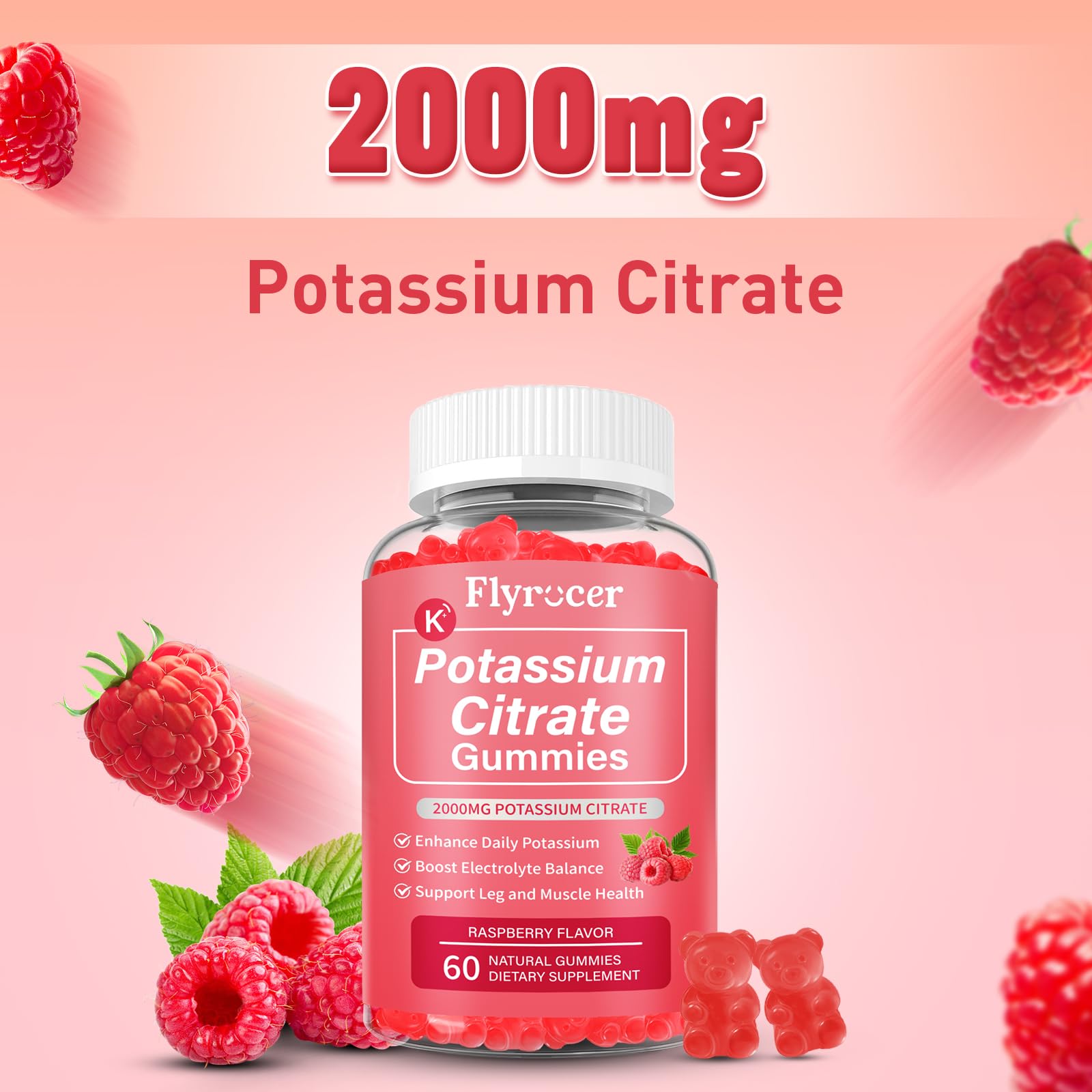Flyrocer Potassium Citrate Gummies with fresh raspberries