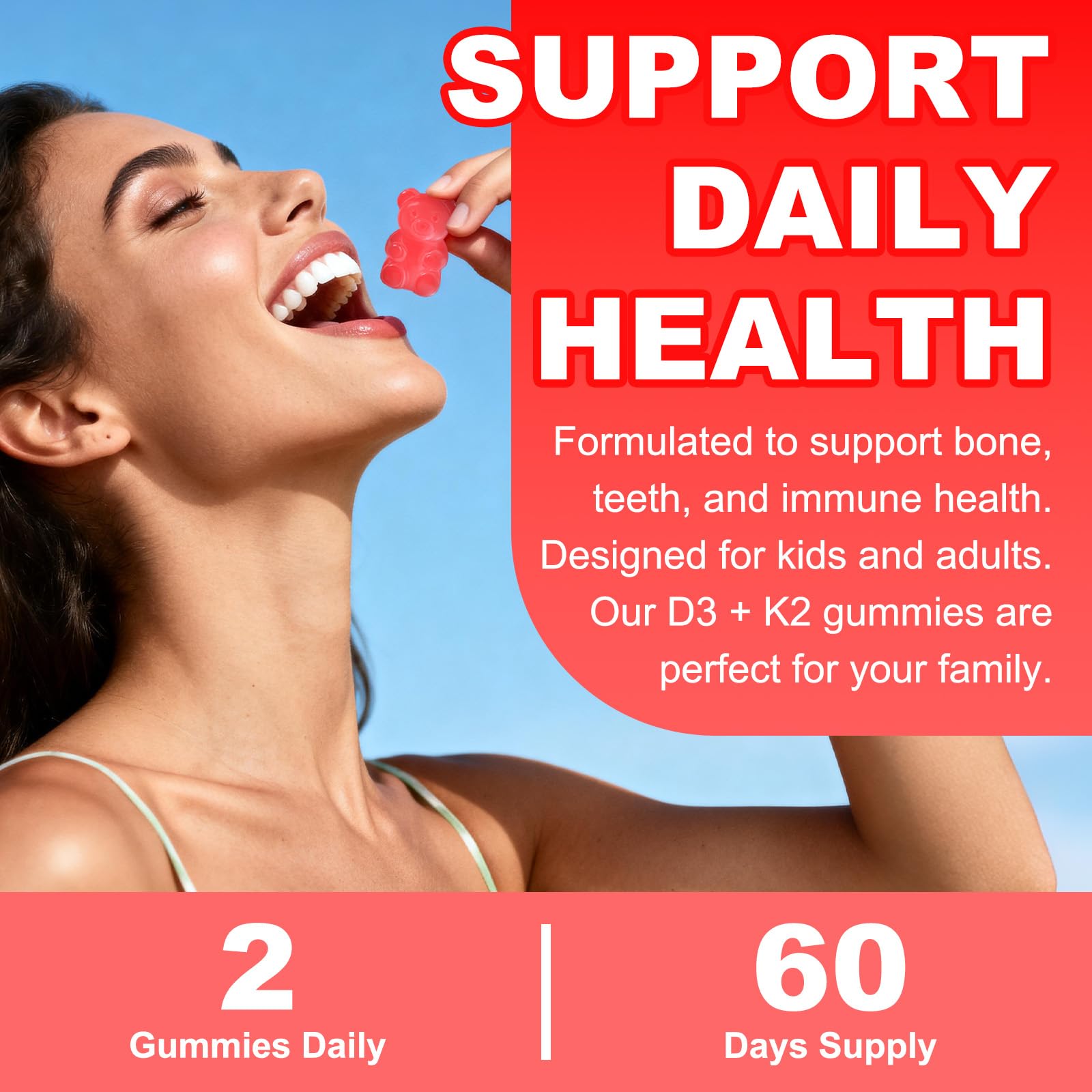 Flyrocer Vitamin D3 & K2 Gummies with a measuring spoon