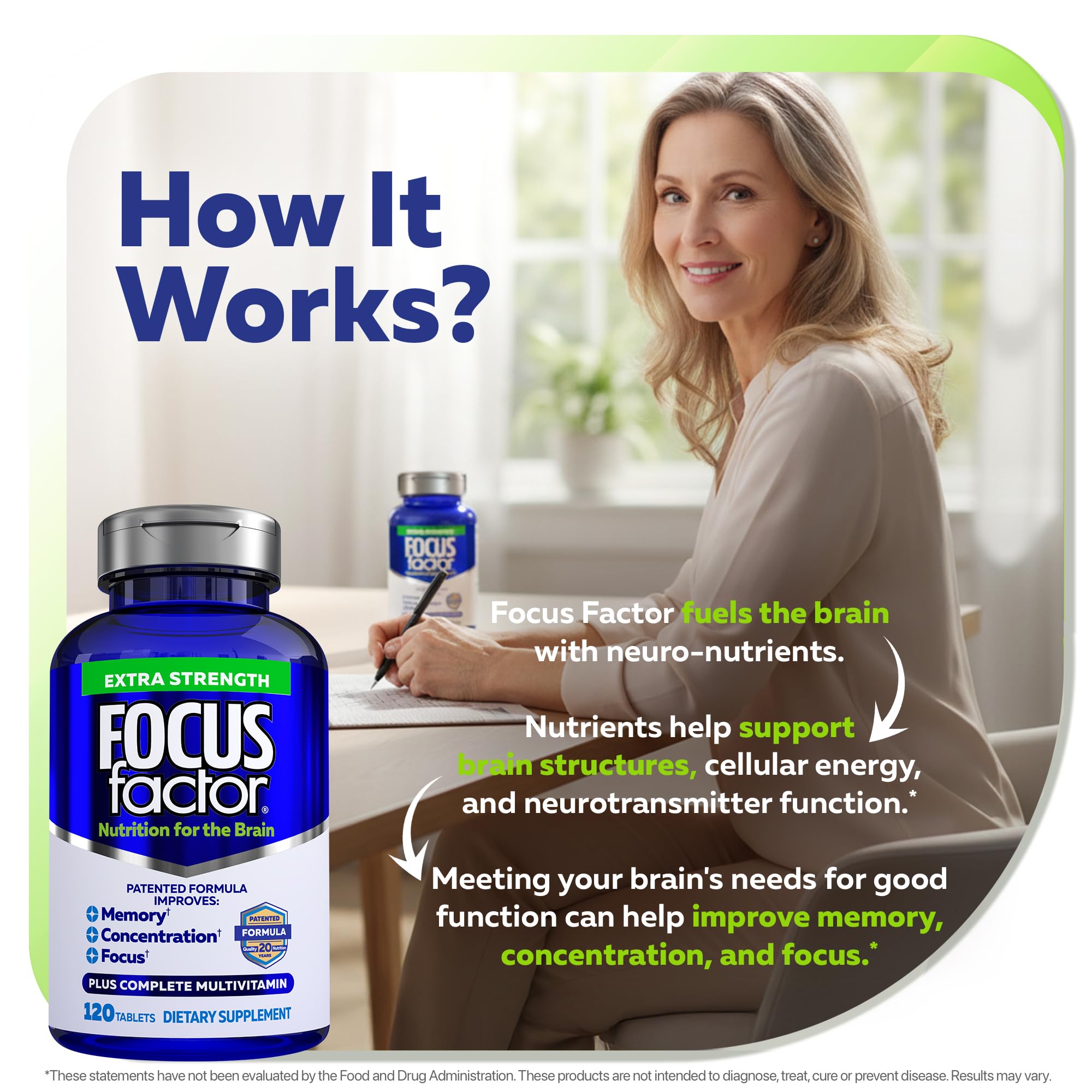 Focus Factor Extra Strength Brain Supplement on a table with a glass of water