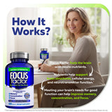 Focus Factor Extra Strength Brain Supplement on a table with a glass of water
