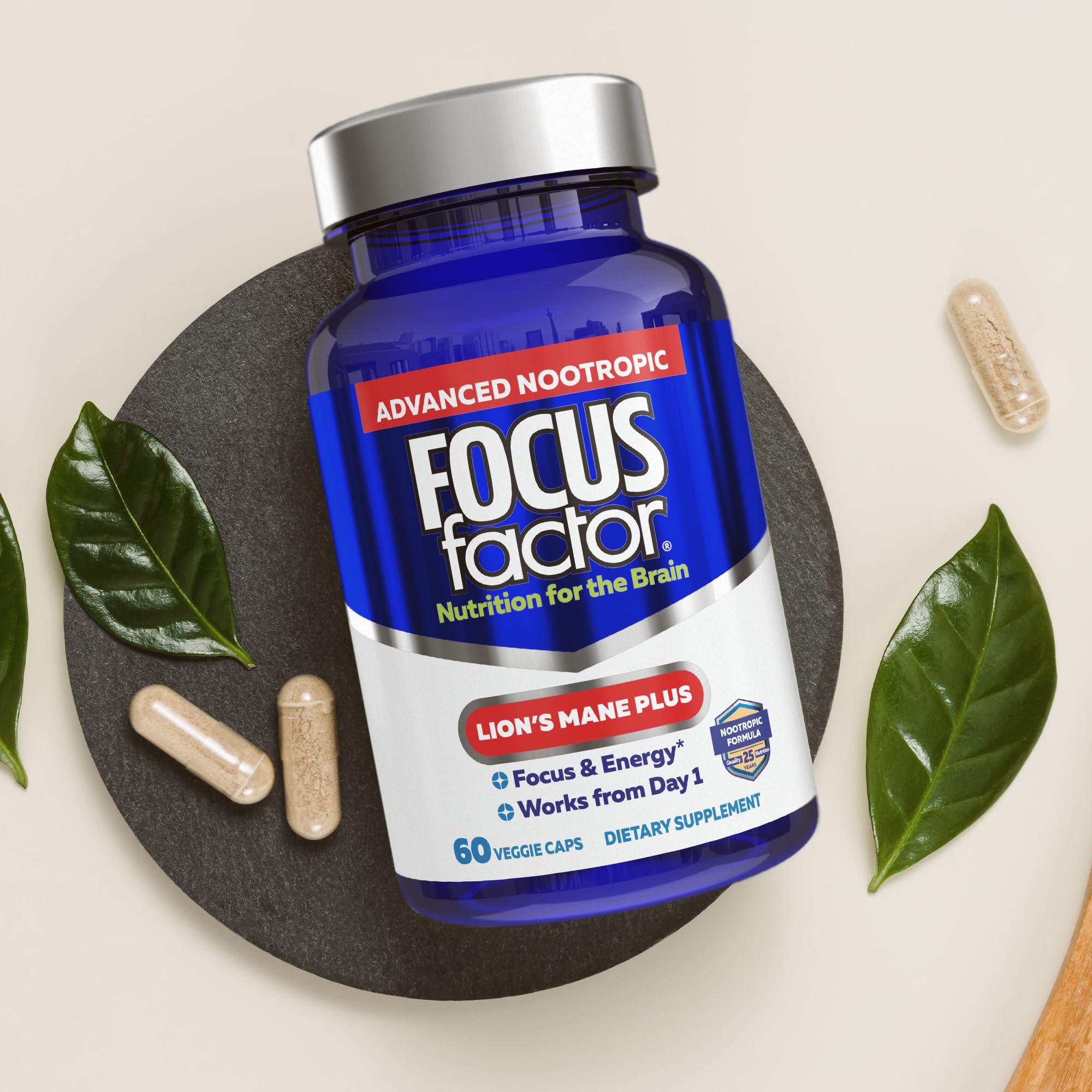Focus Factor Lion’s Mane Plus capsules in hand