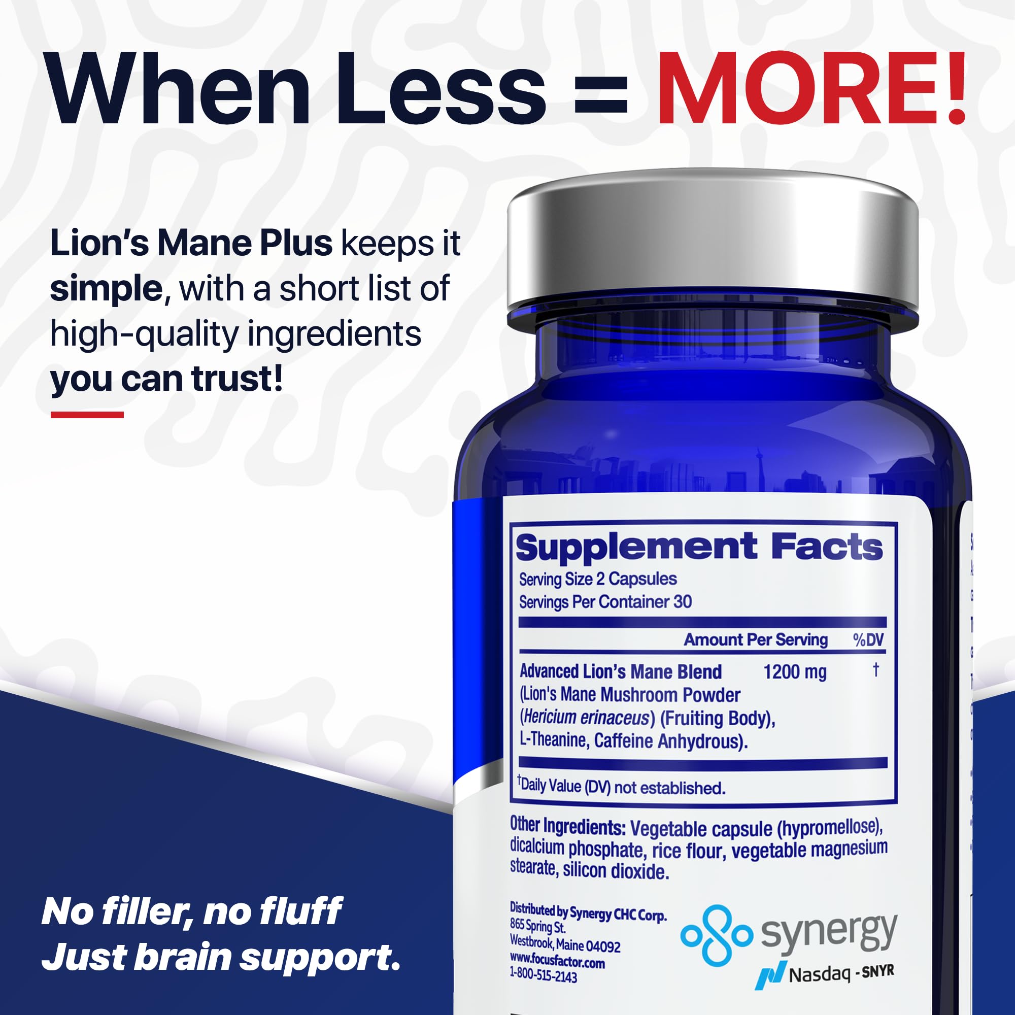Focus Factor Lion’s Mane Plus capsules on a wooden table