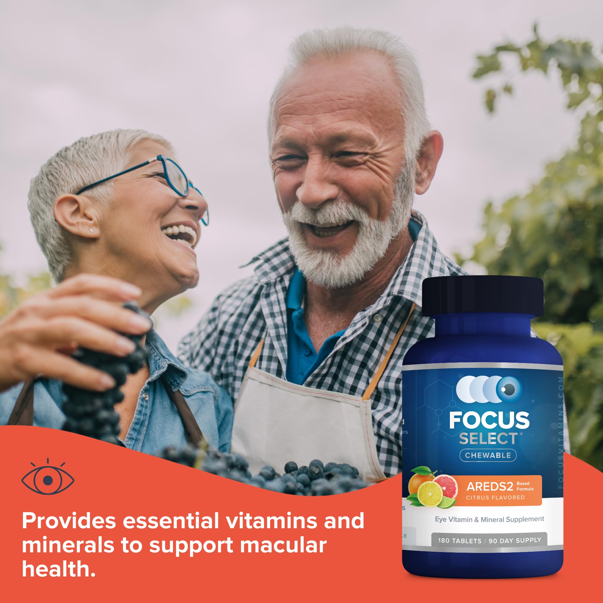 Focus Vision Supplements Chewable AREDS2 Eye Health Formula with a glass of water